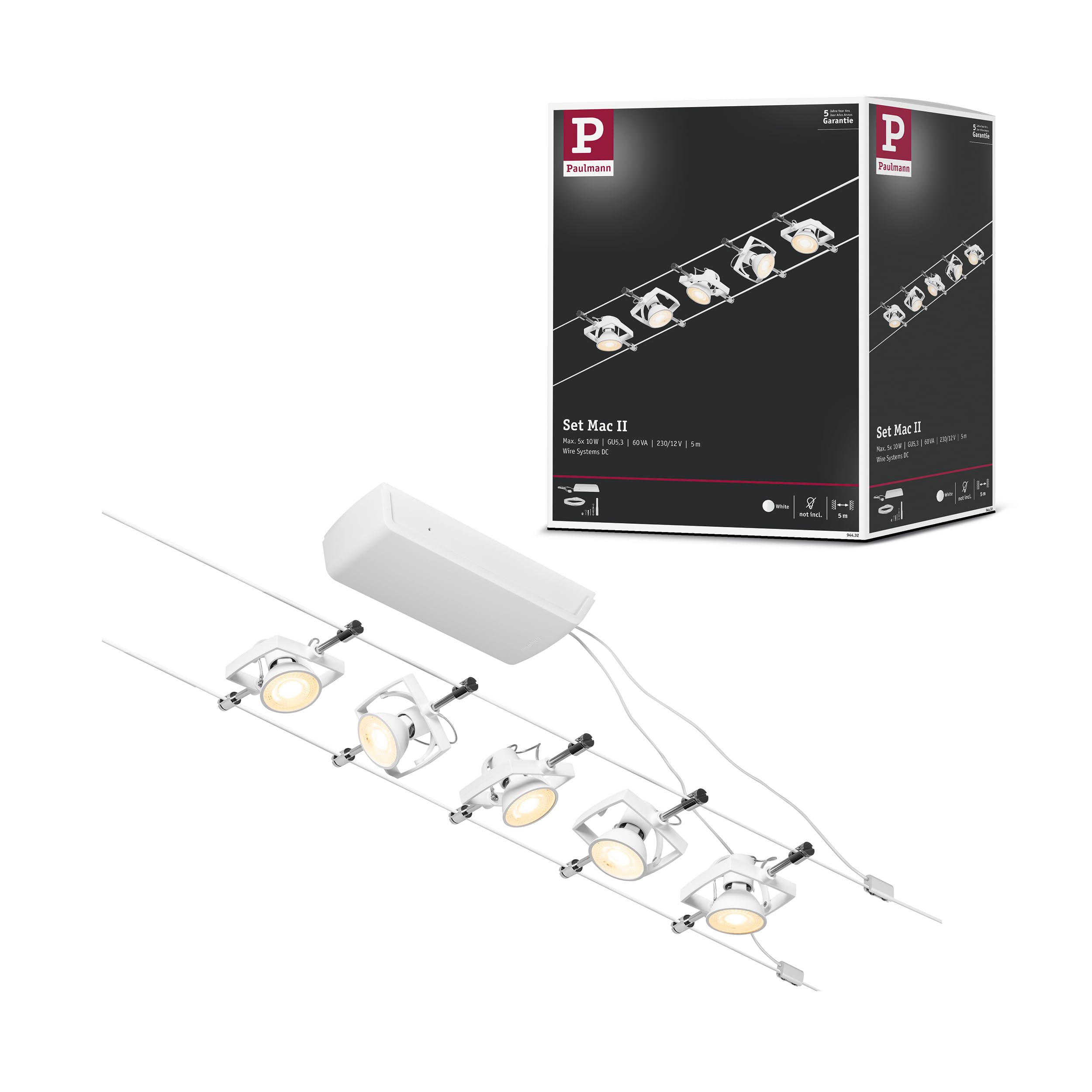 Paulmann 94432 CorDuo Set Système de Câbles Mac II DC 5 x 10 watt max, Éclairage Extensible Blanc Mat Câble Matière Plastique GU5,3 Système de Câbles sans Ampoules