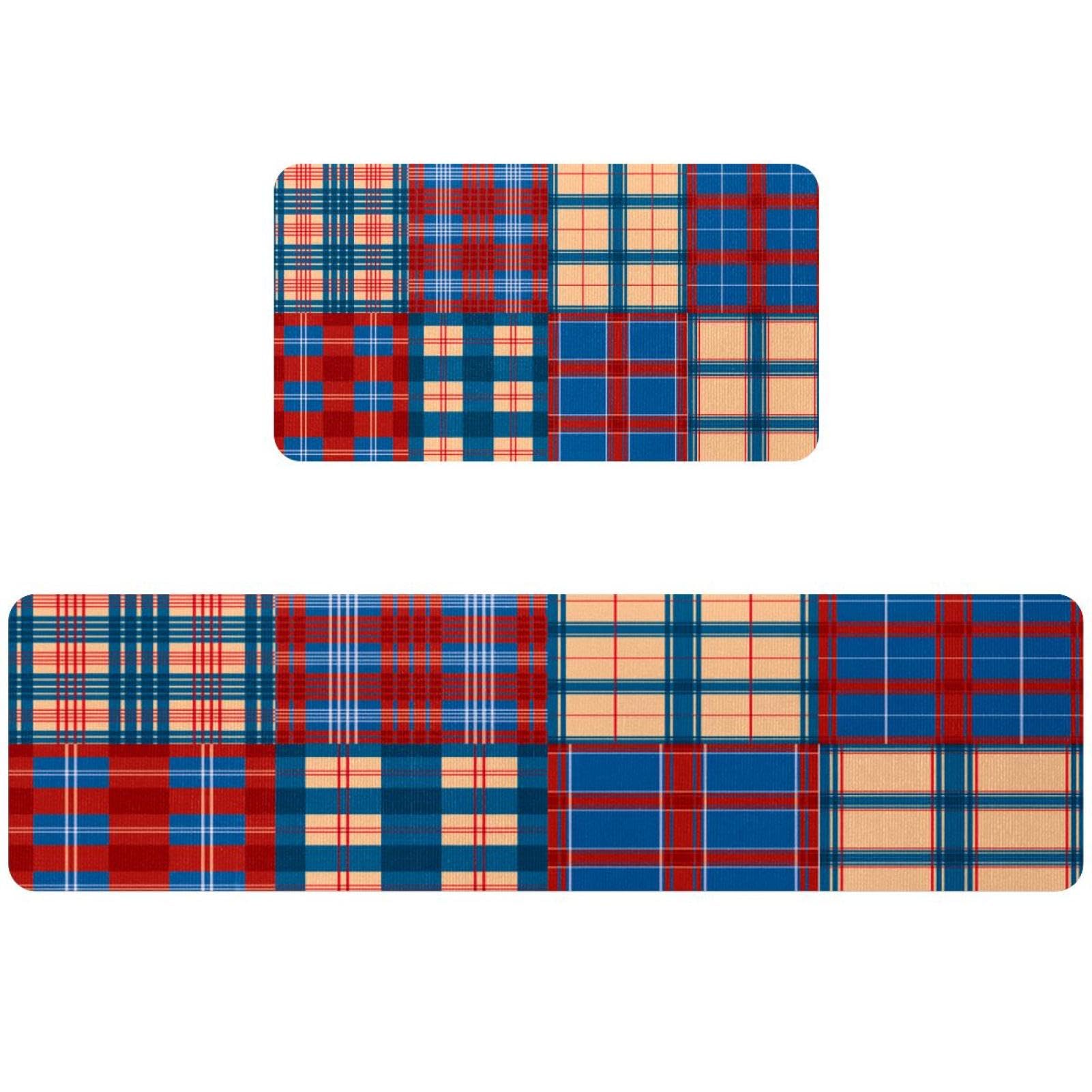 Tapis de cuisine pour couloir et buanderie à motif carreaux rouge et bleu