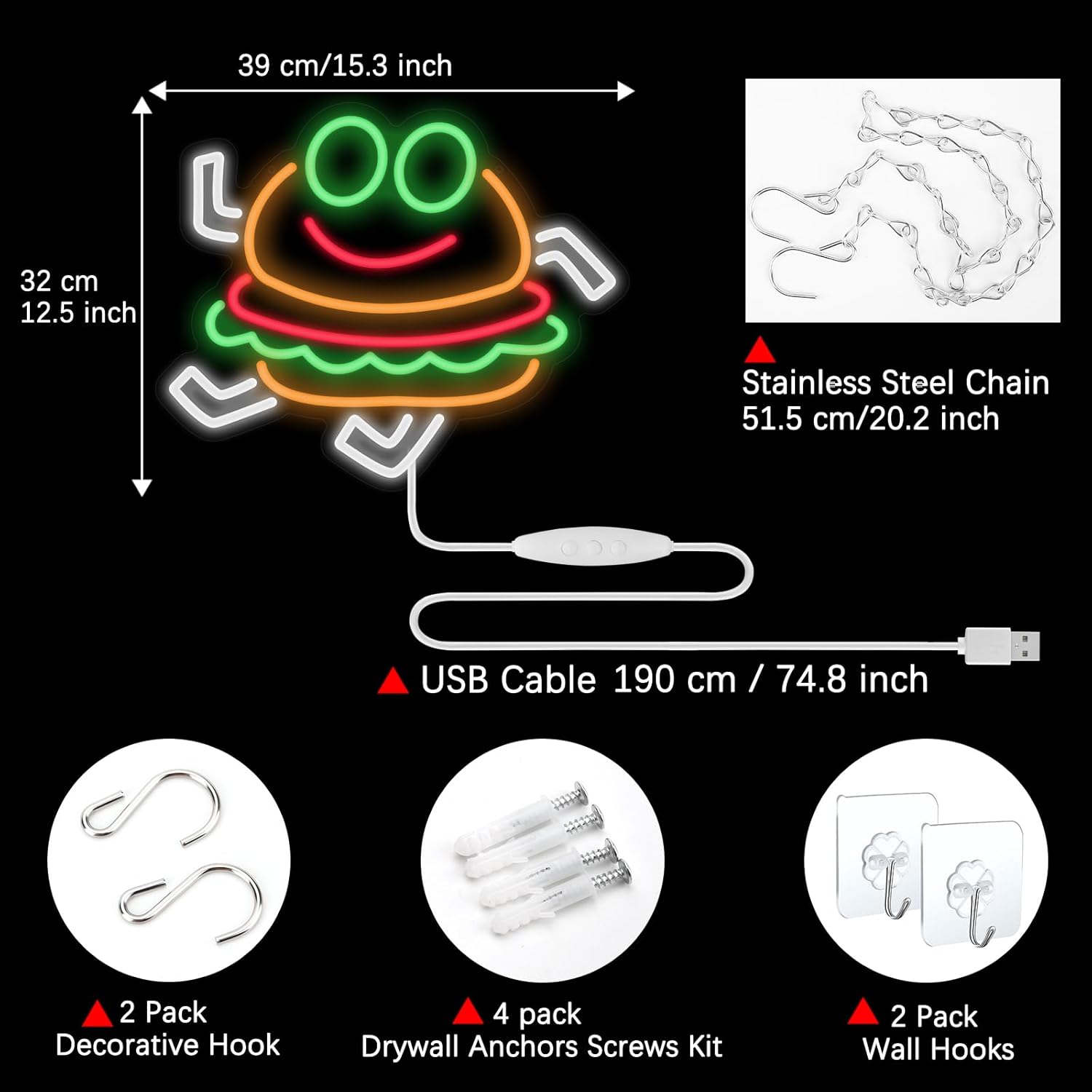 Funny Hamburger Meme Led Lamp Neon Sign Restaurant Room Decor. Cute Gifts Merch Party Supplies for Sign Wall Decoration Acrylic USB Powered Unique Night Light Living Kids Room Shop Bar