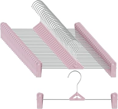 Skirt Hangers 30 Pack NORTHERN BROTHERS Pink Pant Shorts Plastic Hangers with Clips for Women, Kids Space Saving, Non Slip, Adjustable, Stackable