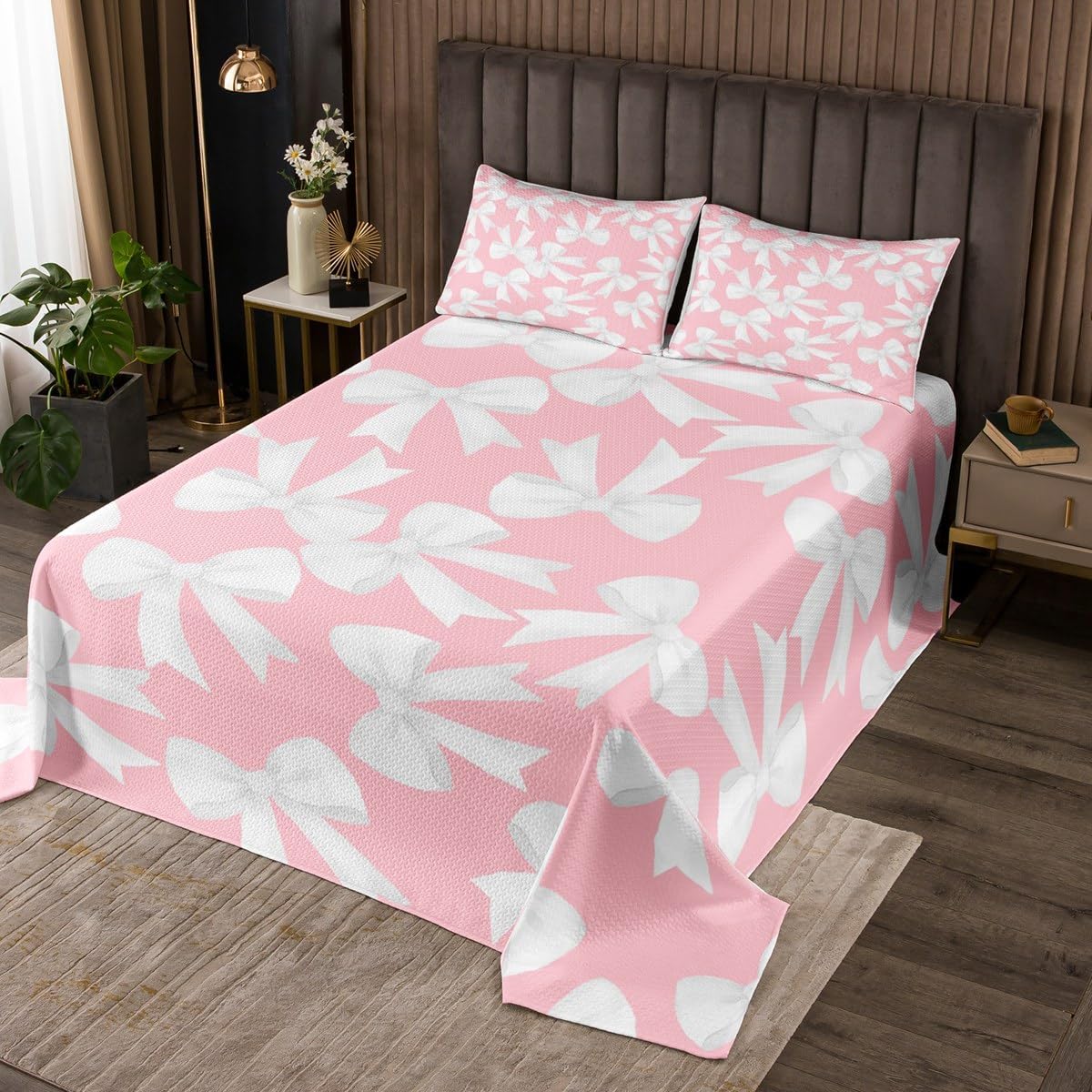 Feelyou Bowknot Princess Bedspread White Bow Print Bedspread for Kids Boys Girls Pink White Bow-tie Coverlet Set Girlish Dreamy Quilted Bedroom Collection 2Pcs Twin Size