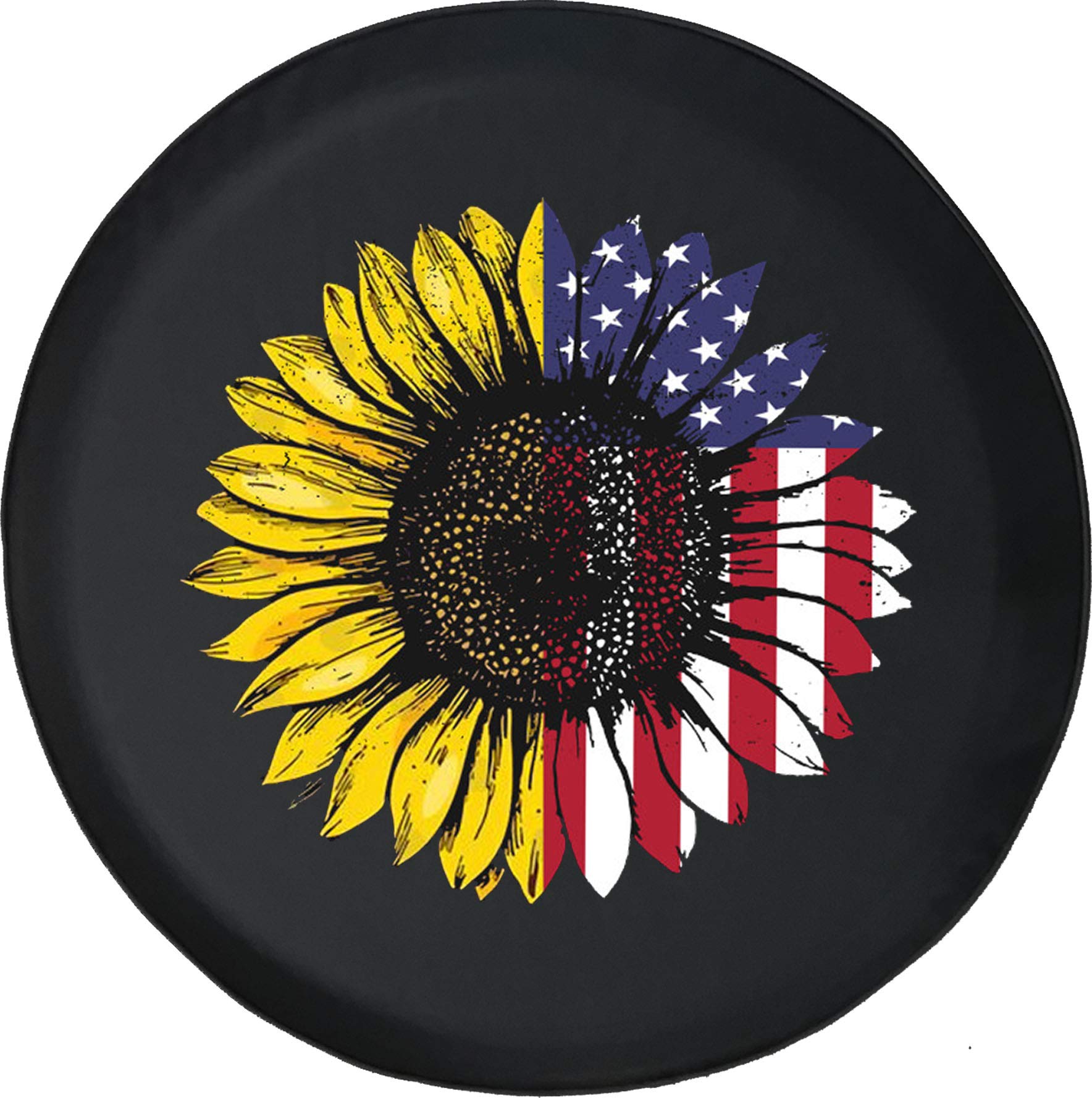 Spare Tire Cover Distressed USA Flag Sunflower Mash Up (fits: SUV Camper or RV Accessories) Black 33 Inch with Grommets