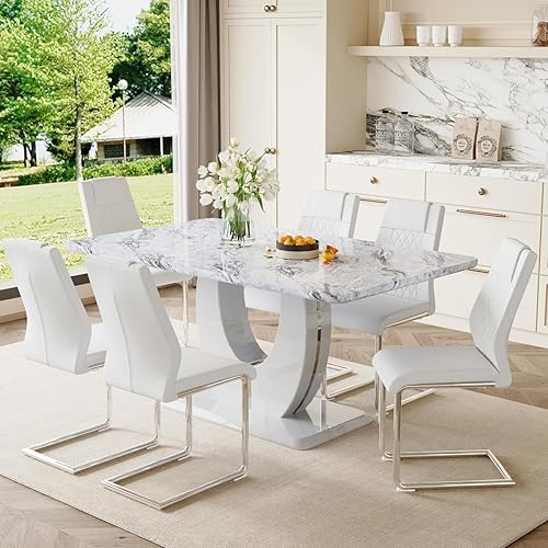 Miniatura 2 de JUFU Juego de 6 mesas de comedor modernas con mesa de mármol sintético, juego de mesa de cocina rectangular gris de 63 pulgadas, juego de cena de 6