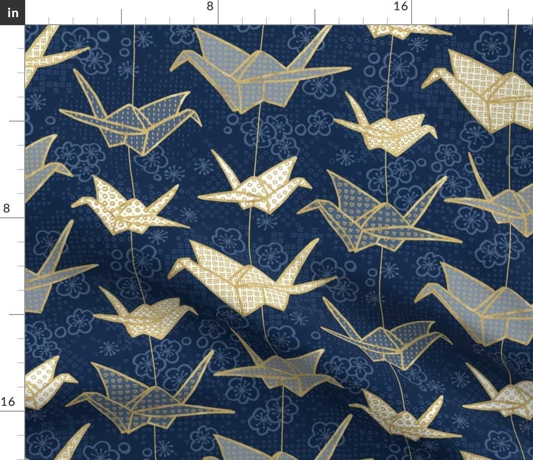 Spoonflower Fabric - Luck Cranes Origami Japanese Crane Peace Gold Cherry Blossom Japan Printed on Cotton Poplin Fabric by The Yard - Sewing Shirting Quilting Dresses Apparel Crafts