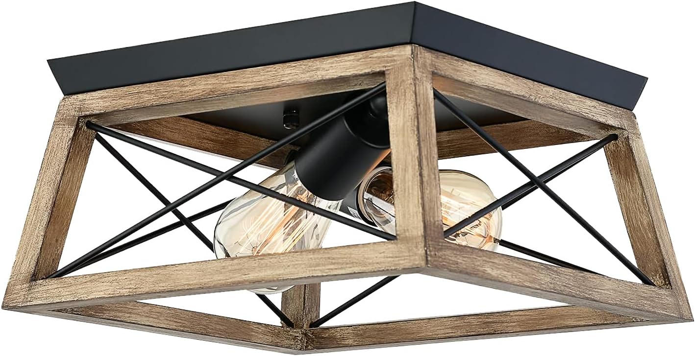 9MMML Wood Flush Mount Ceiling Light - 12'' Farmhouse 2-Light Ceiling Light Fixture for Living Room Dining Room Bedroom Entryway Kitchen Hallway, E26 Base (MA5011C2WDBK)