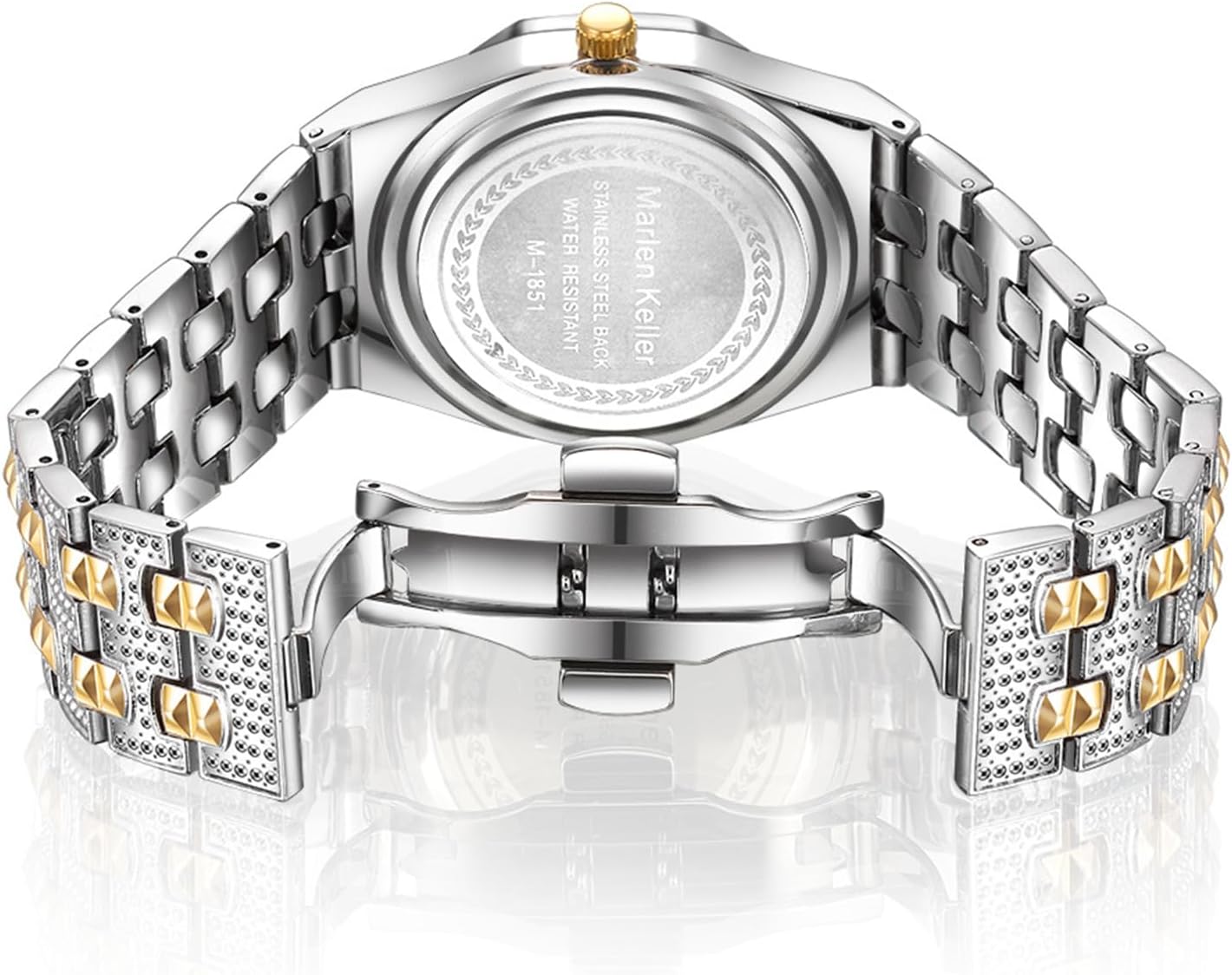 Gosasa Luxury Men's Diamond Watch Octagonal Roman Numerals Dial Bling Hip Hop Quartz Wristwatch for Men Gold Silver Bracelet with Butterfly Clasp