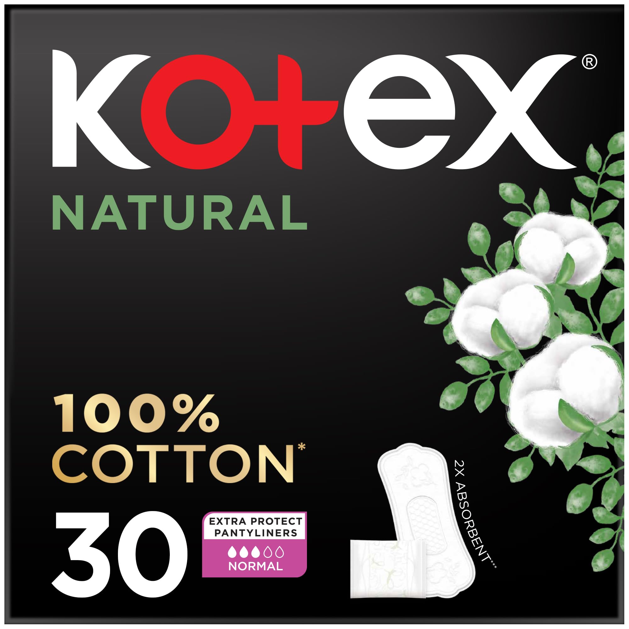 Kotex Natural Panty Liners, 100% Cotton, Normal Size, 30 Daily Panty Liners