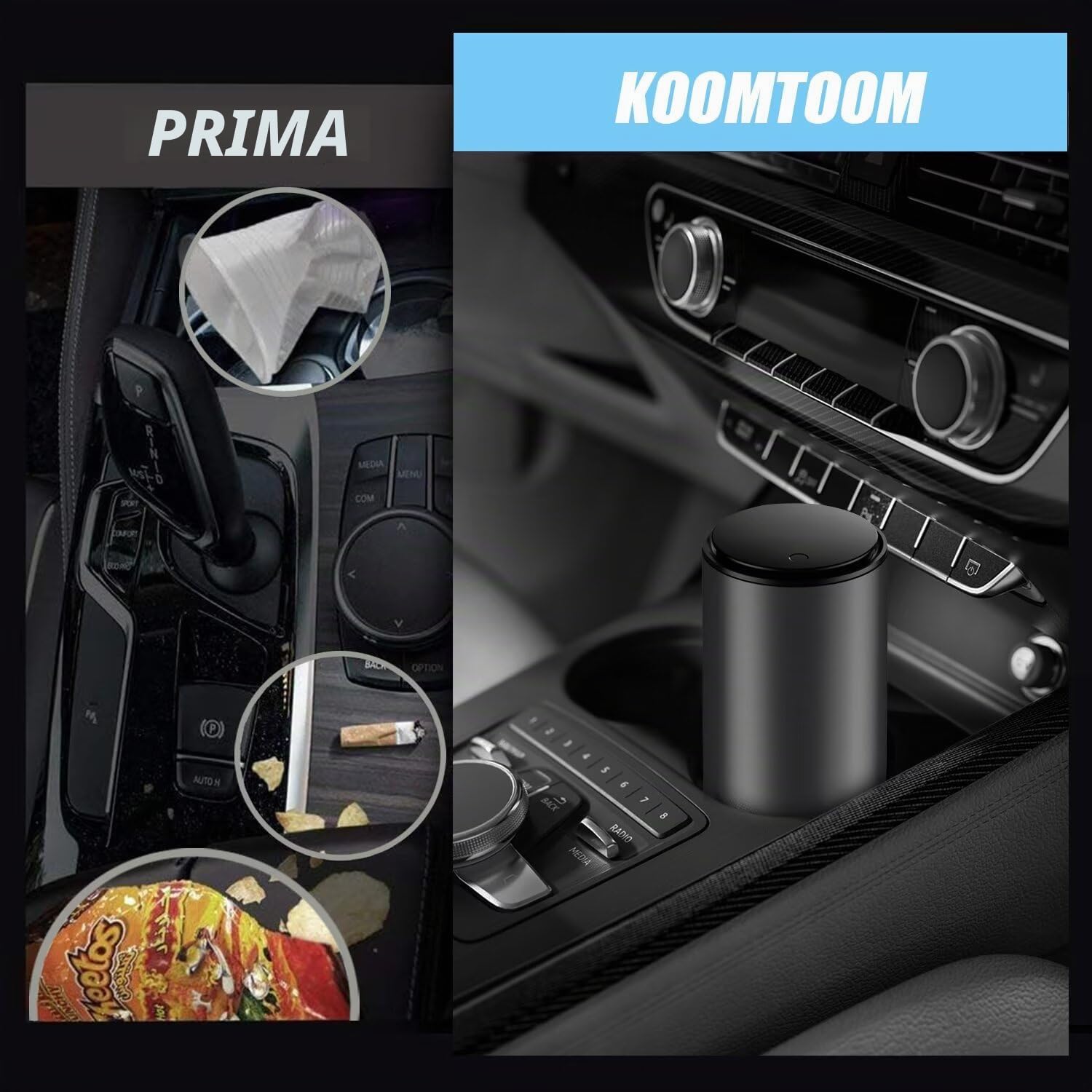 KOOMTOOM Pattumiera Mini Car Portabicchieri in Lega, 300ml Smontabile Pattumiera Spazzatura con Coperchio a Prova di Perdite per Auto Universale (Grigio Scuro)