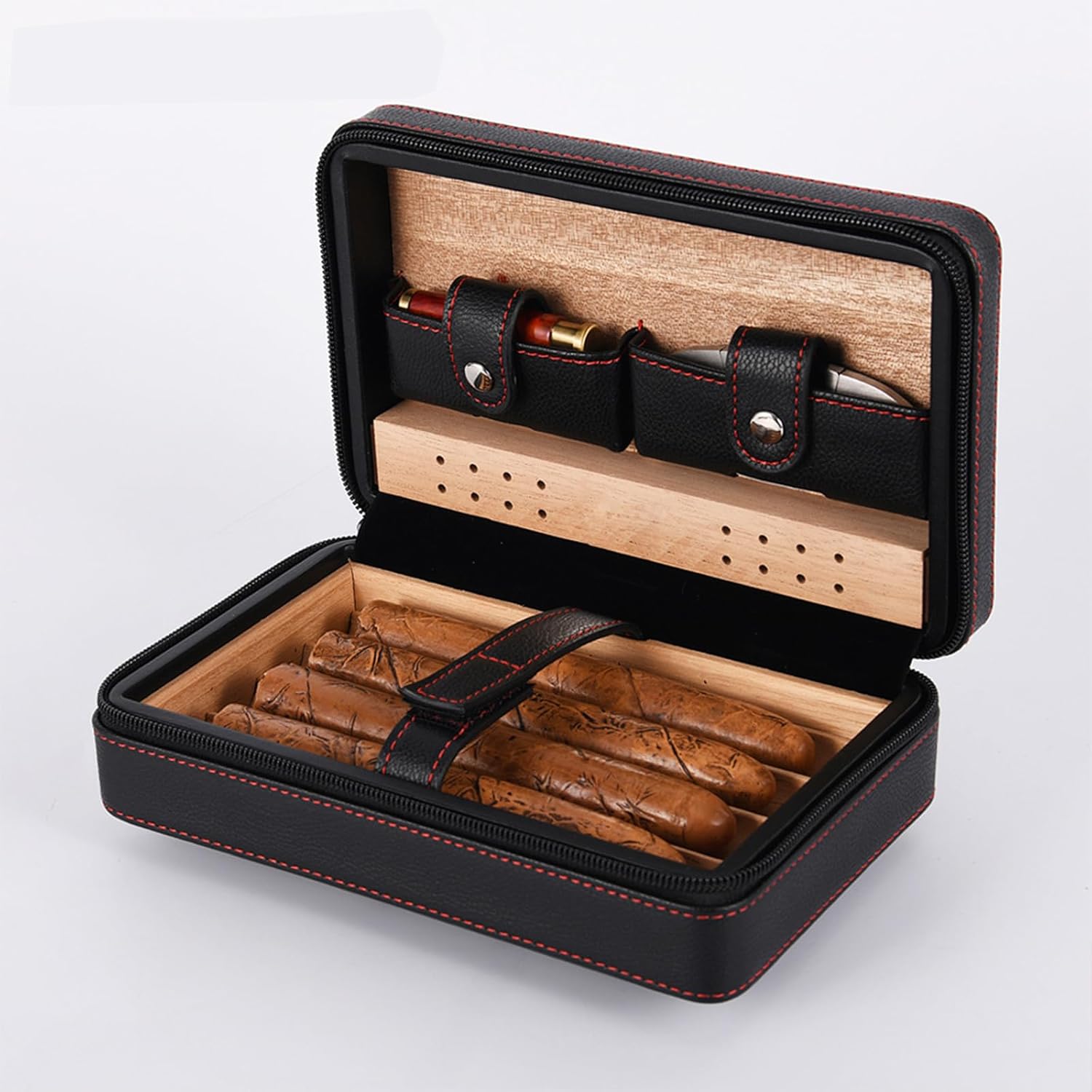 Personalized Leather Cigar Humidor Travel Case- Custom Engraved Cigar Accessories Gift for Men - Premium Zippered Pocket for Lighter & Cutter - Ideal Cigar Case for Groomsmen, Father's Day & Weddings