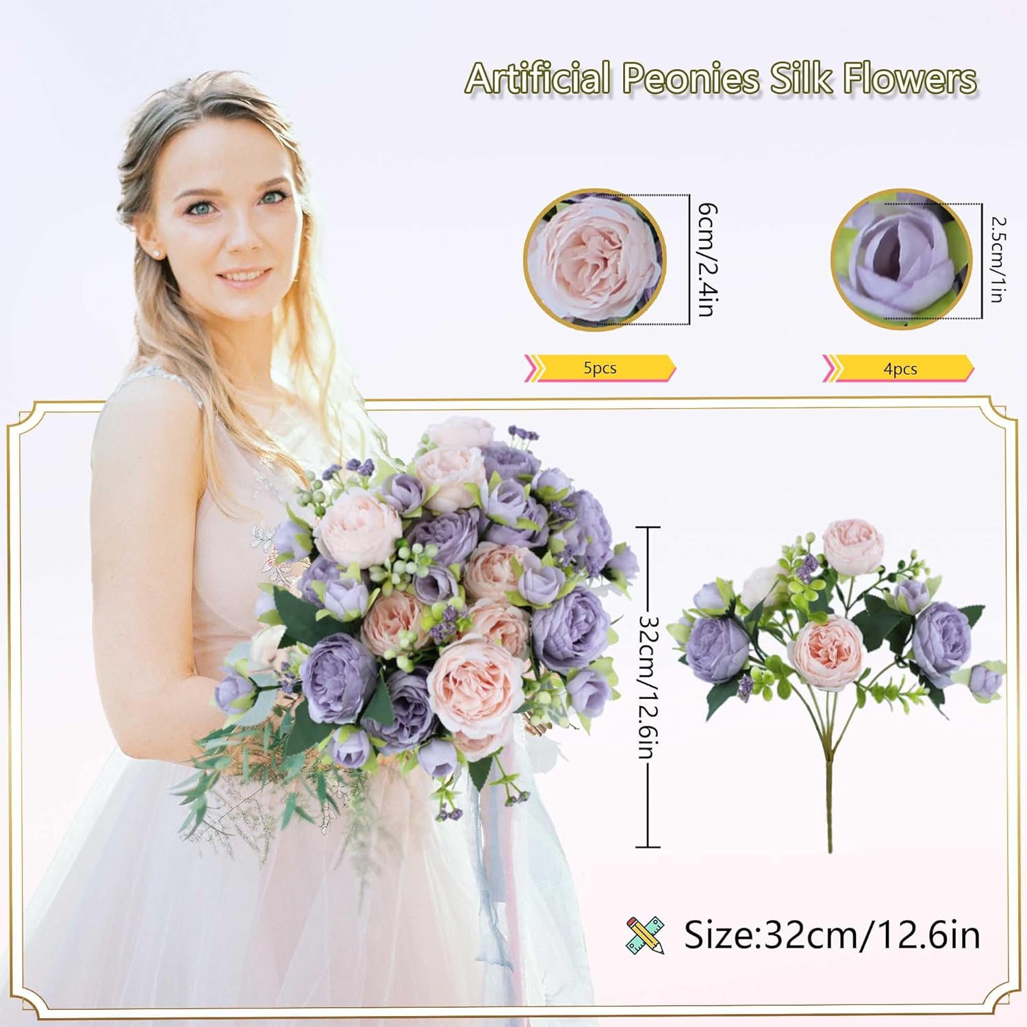 8 Bundles Peonies Artificial Flowers Silk Peonies Faux Flowers Fake Peonies Artificial Flowers Peonies Bouquet for Table Centerpieces Decoration Wedding Decor Home Party Decor (Pink and Purple) - Image 2