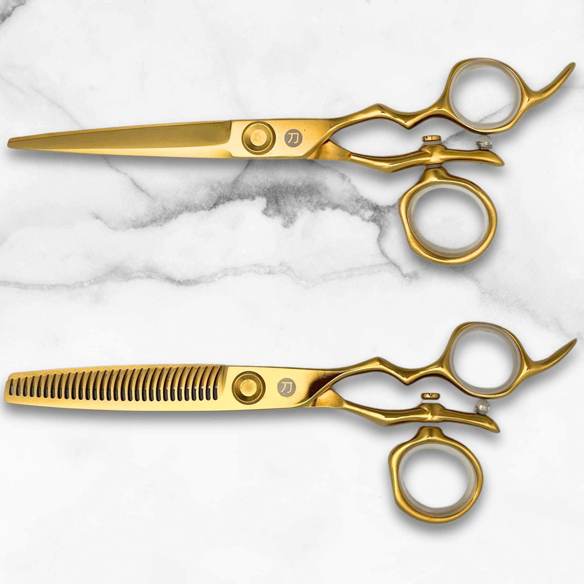 6 Inch Yellow Gold Swivel Hair Shears Set Includes Swivel Cutting Shears and Swivel Thinning Shears - Professional Grade - 440C Stainless Steel