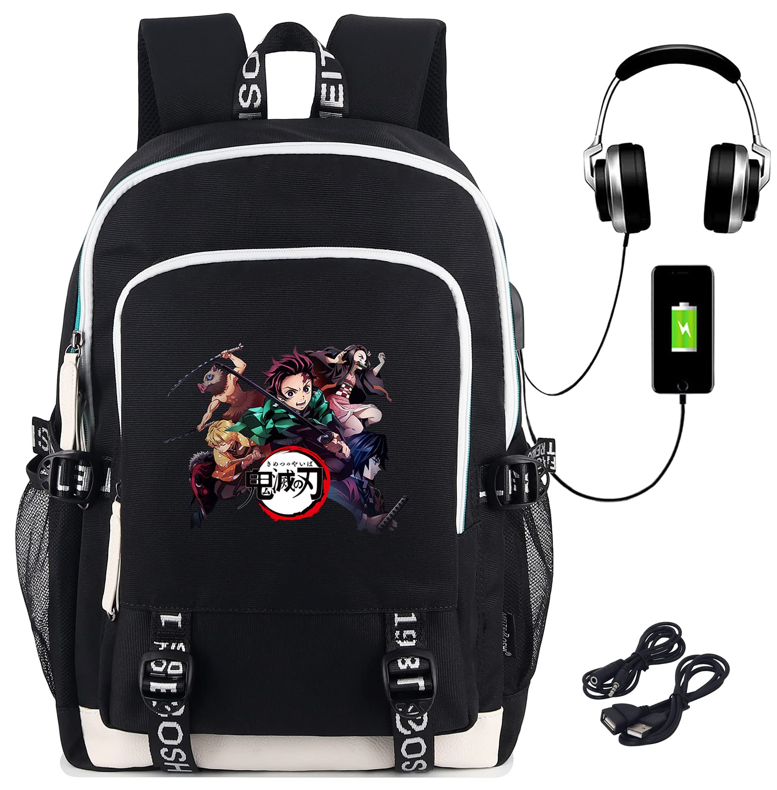 Roffatide Anime Demon Slayer Sac à Dos Garçons Imprimé Cartable Sac À Dos Pour Ordinateur Portable avec Port de Charge USB et Casque Noir