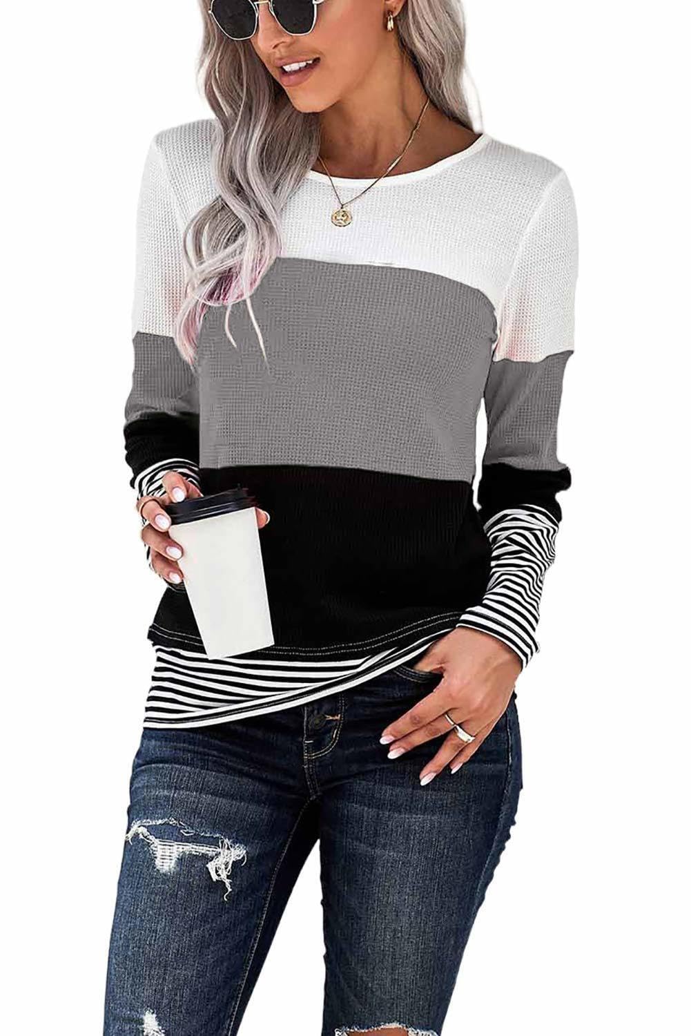Smeng Women's A-Grey Spring Jumpers For T Shirts For Uk Long Sleeve Tops Baggy Jumpers Blouse Round Neck Tunic Slim Patchwork Pullover Grey Size Uk18-20