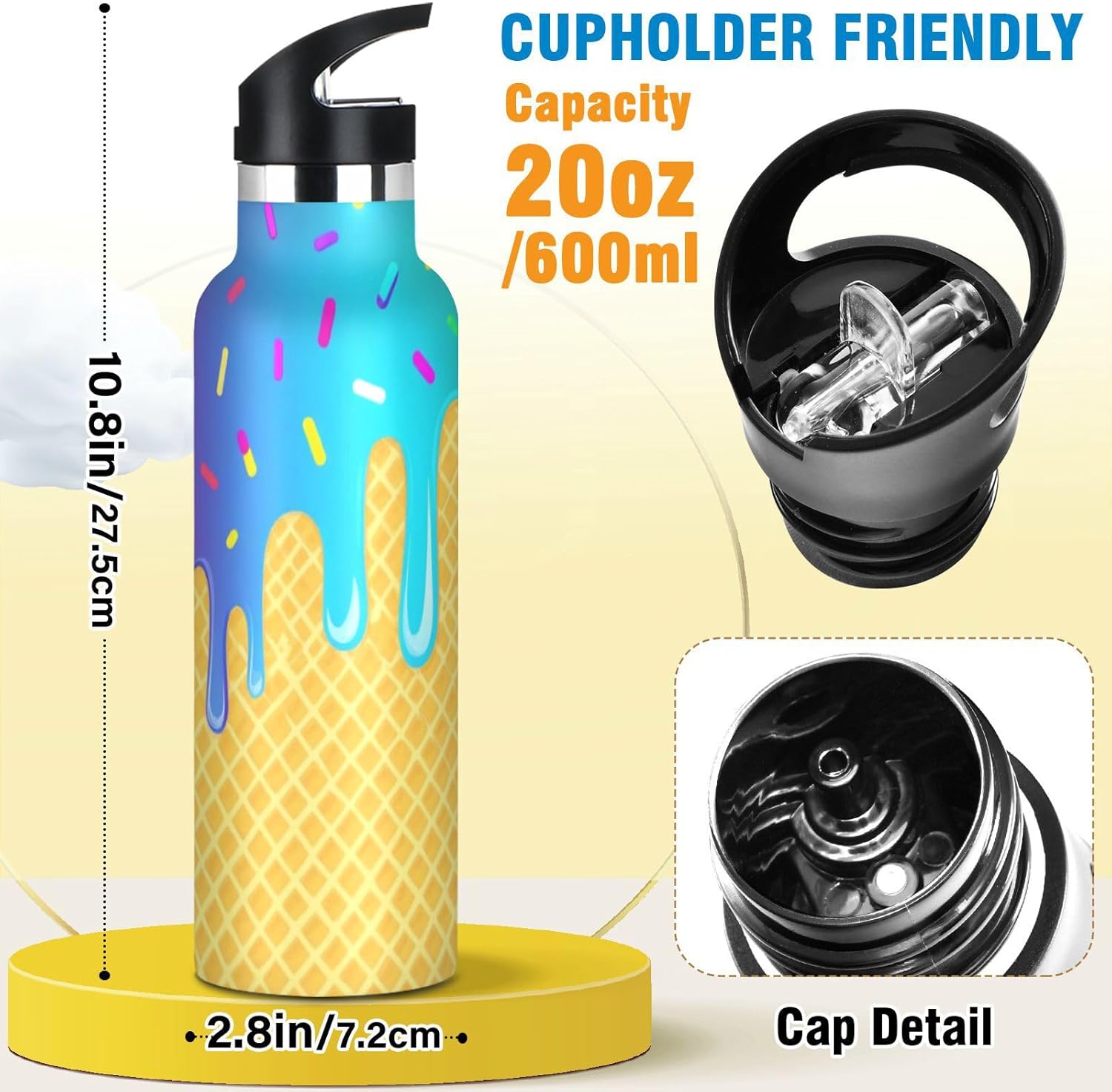 VIGTRO Ice Cream Waffle Cone Sprinkles Kids Water Bottle Vacuum Insulated Stainless Steel Boys Girls Sports Bottle with Straw Lid & Handle 20oz for Daily Outdoor Activities