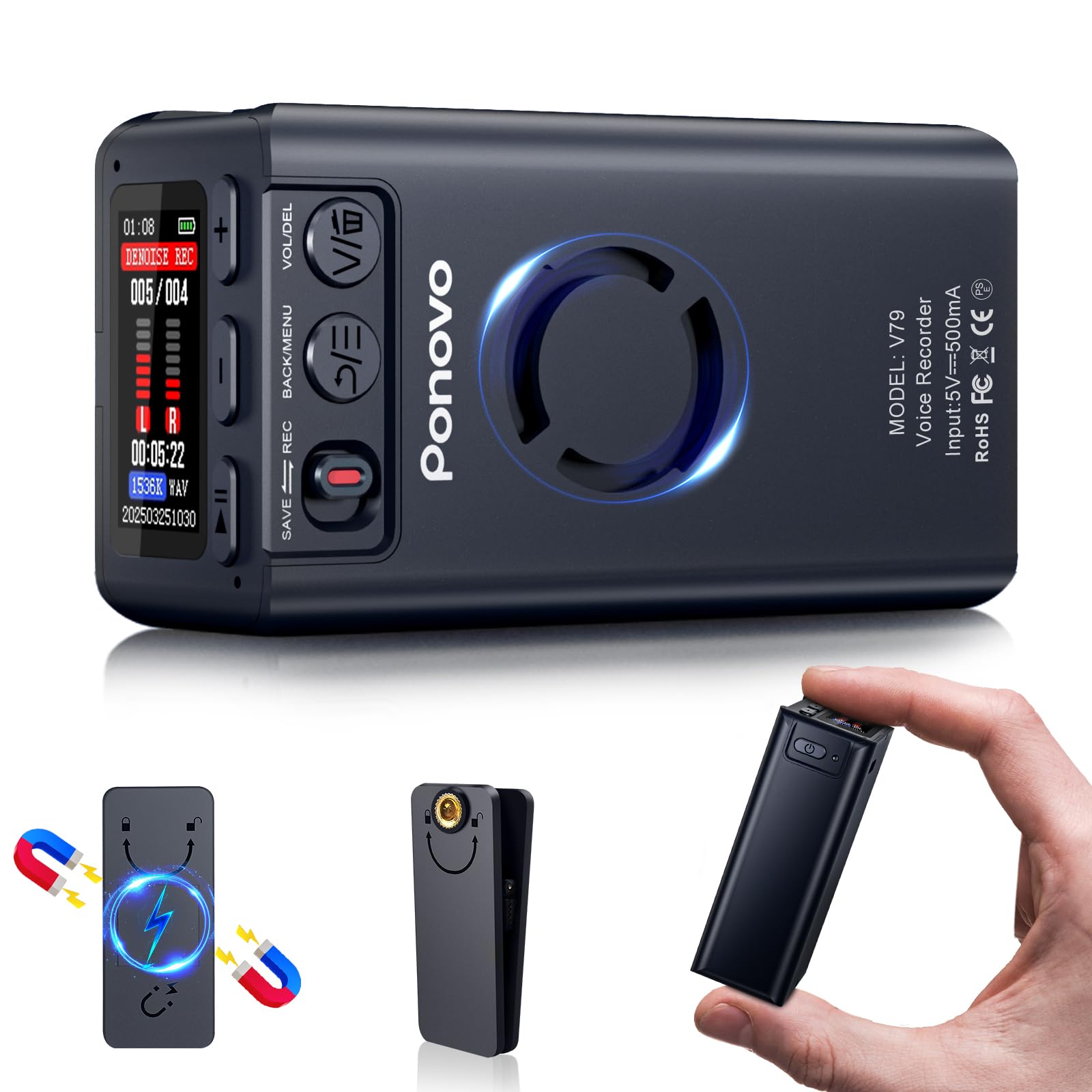 Registratore vocale magnetico da 64 GB 45 giorni Registrazione continua, Ponovo attivazione vocale registratore digitale con clip, 6000 mAh intelligente riduzione del rumore registratori portatili con