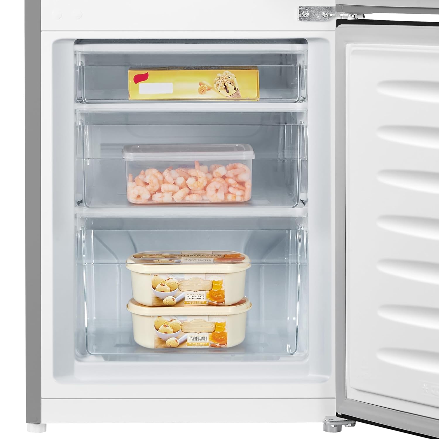 Fridgemaster MC50165ES 50cm Freestanding 60/40 Fridge Freezer - 175-litre capacity with Crisper box - Reversible Door - LED Lighting- 4 Star Freezer Rating - Silver - E Rated - Image 6
