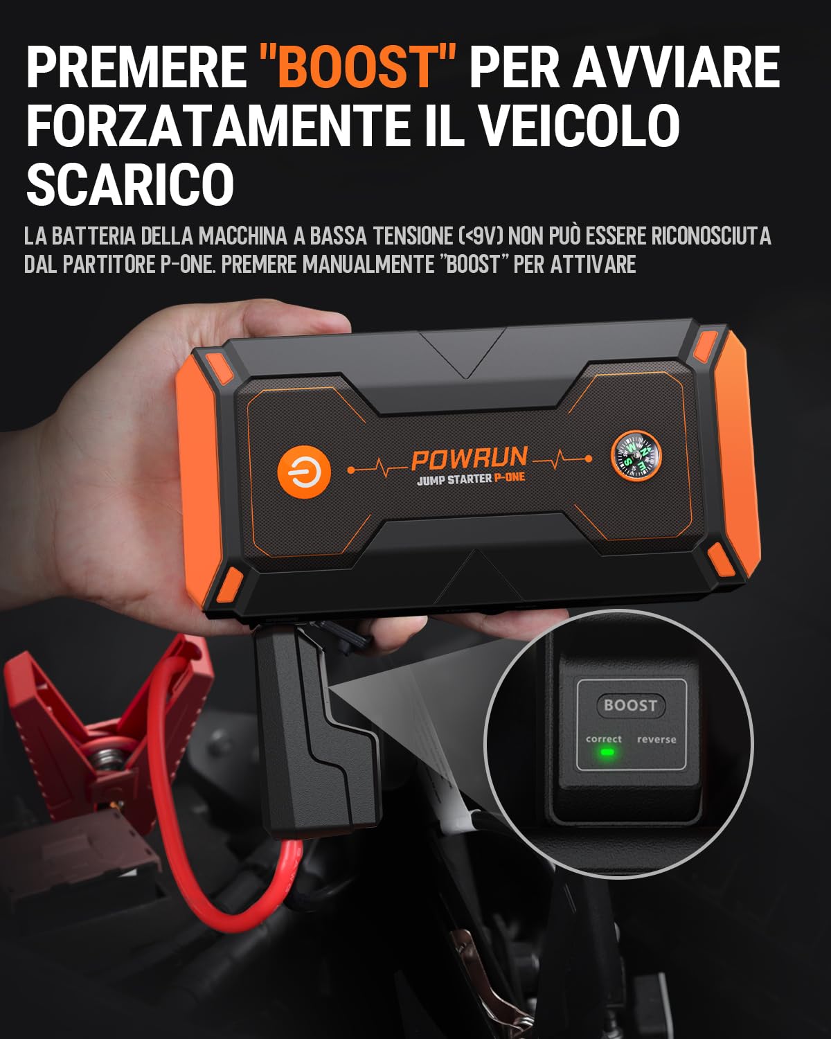 Powrun P-ONE Avviatore Batteria Auto,2000A Avviatore di Emergenza per Auto(Motori Fino a 8.0L Gas o 6.5L Diesel),12V Booster Avviamento Auto con Torcia a LED&USB Quick Charge 3.0,Custodia da Trasporto