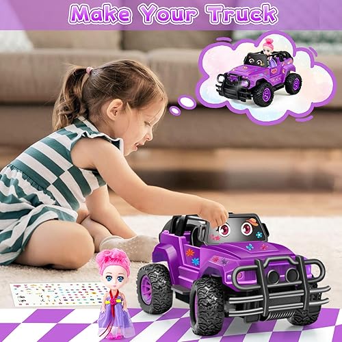 Miniatura 2 de Coche de Control Remoto, Camión Rc Morado con Adhesivos DIY y Muñeca para Niñas Peques, Camión RC de Escala 120 Todo Terreno, Juguetes de Coche Rc