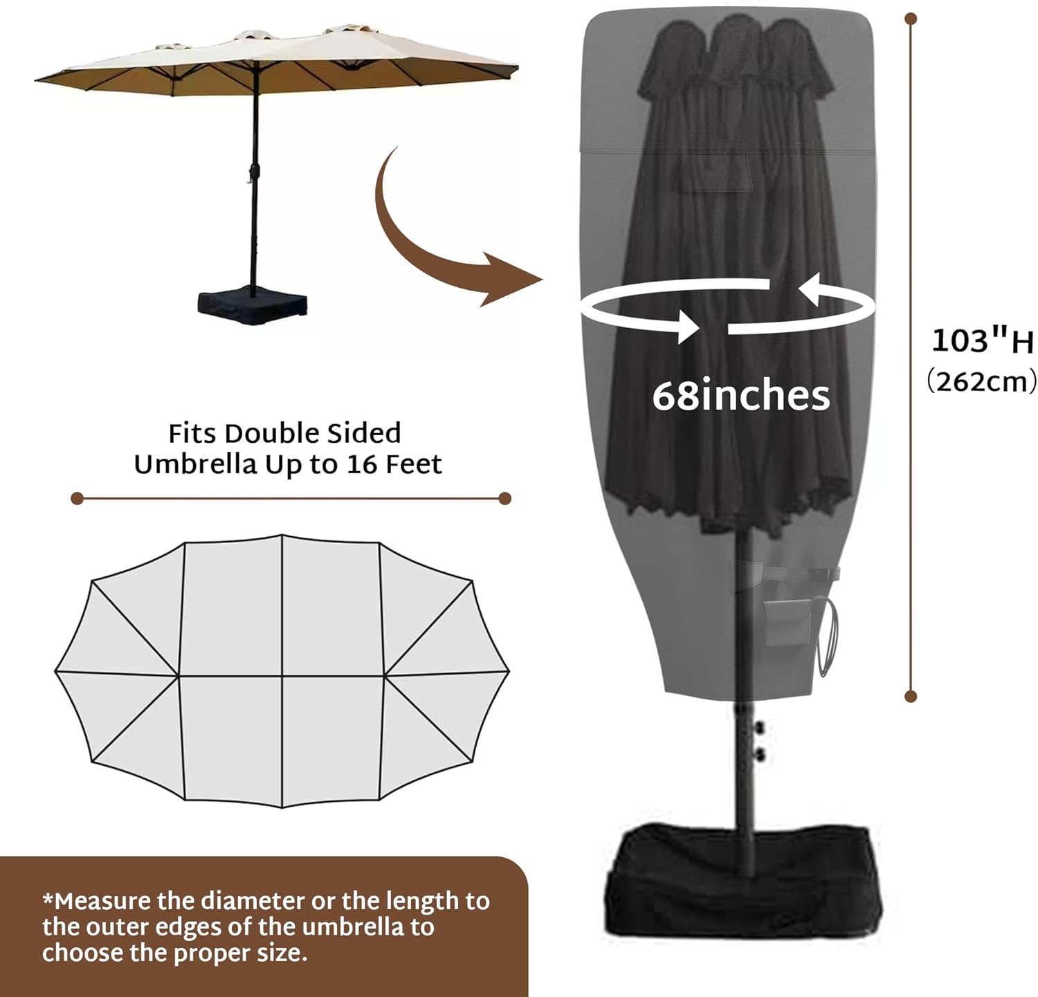 iBirdie Outdoor Patio Umbrella Cover Fits 14, 15, 16 Feet Double-Sided Umbrella, Extra Large Market, 600D Waterproof and Weatherproof with Zippers and Rod