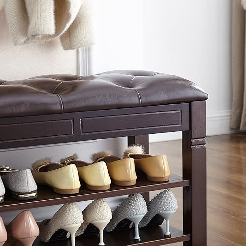 Miniatura 7 de HOOTSMALL Banco de almacenamiento de zapatos con cojín, banco de entrada con banco de almacenamiento de madera maciza para zapatos, ideal para