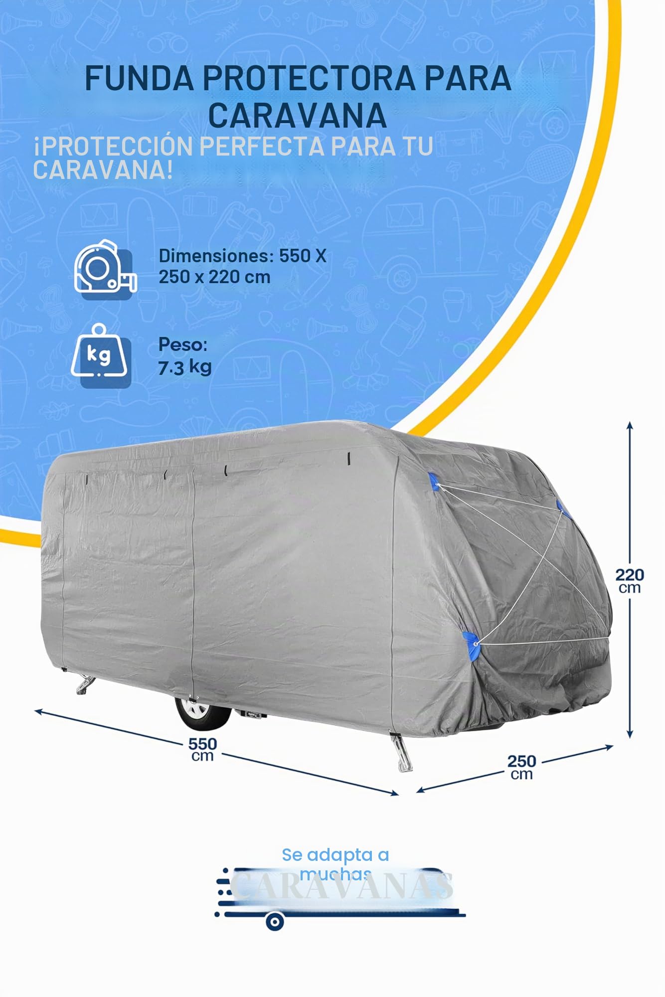 Funda protectora para caravana – Lona premium para autocaravana y caravana – Accesorio de camping, protección UV y meteorológica – Accesorio para caravana, tamaño M 550x250x220 cm, 165g/m²
