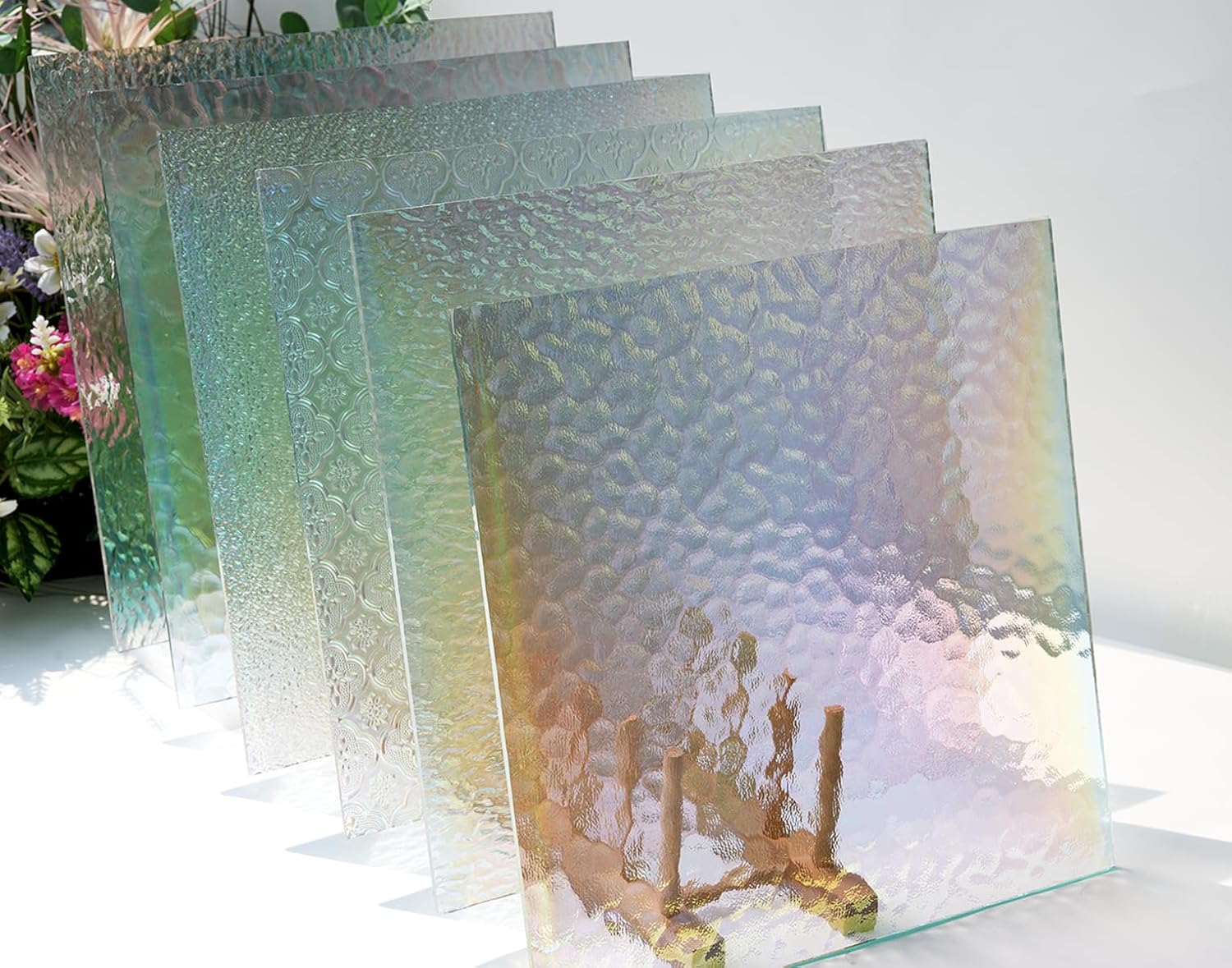 12 x 12 inch Iridescent Transparent Stained Glass Panels, Pack of 6 Textured Cathedral Glass Panels, Clear Glass Panels for Mosaic Art