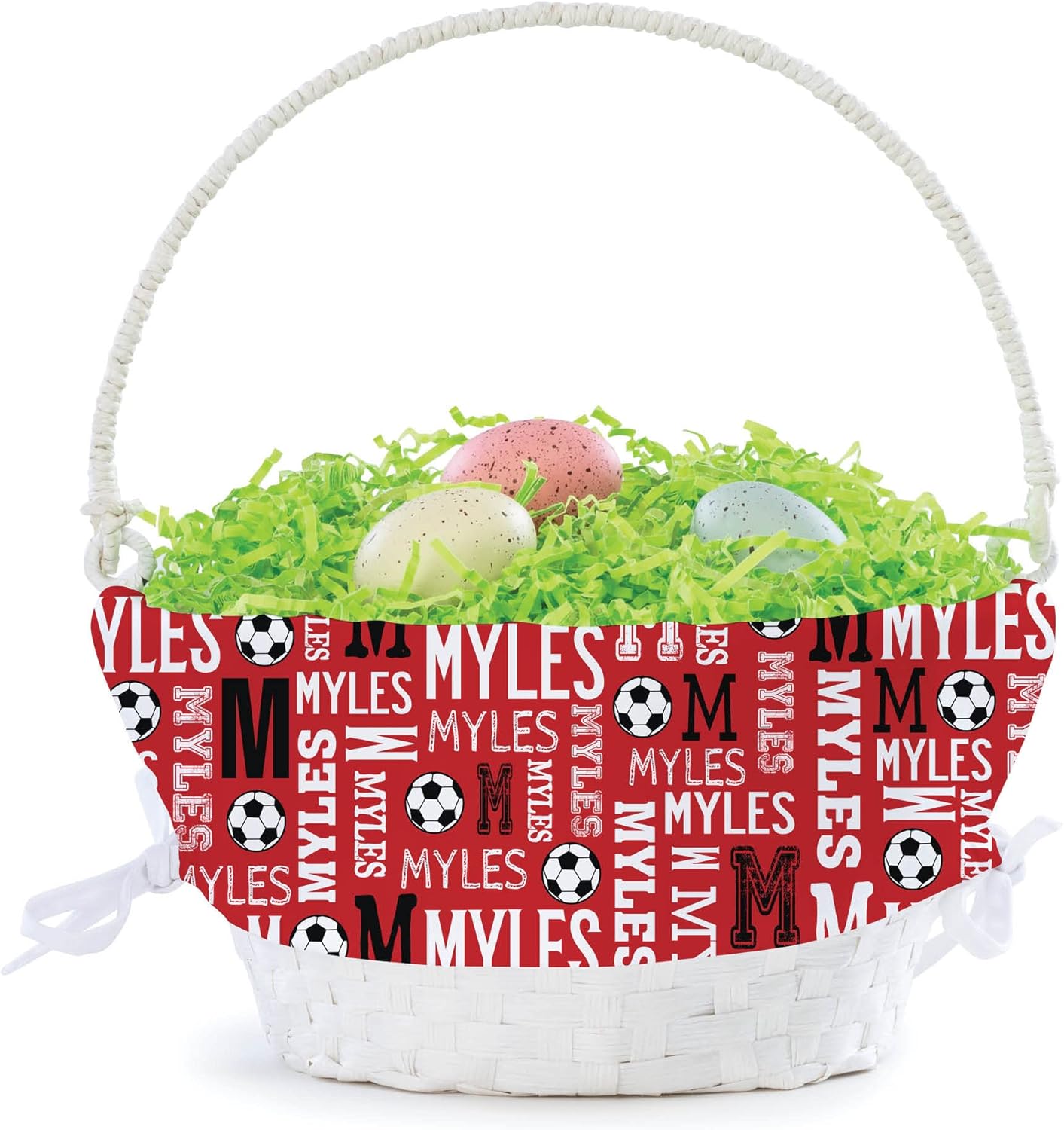 Personalized Soccer Easter Egg Basket with Handle and Custom Name | Red Easter Basket Liners | White Basket | Woven Easter Baskets for Kids | Customized Easter Basket