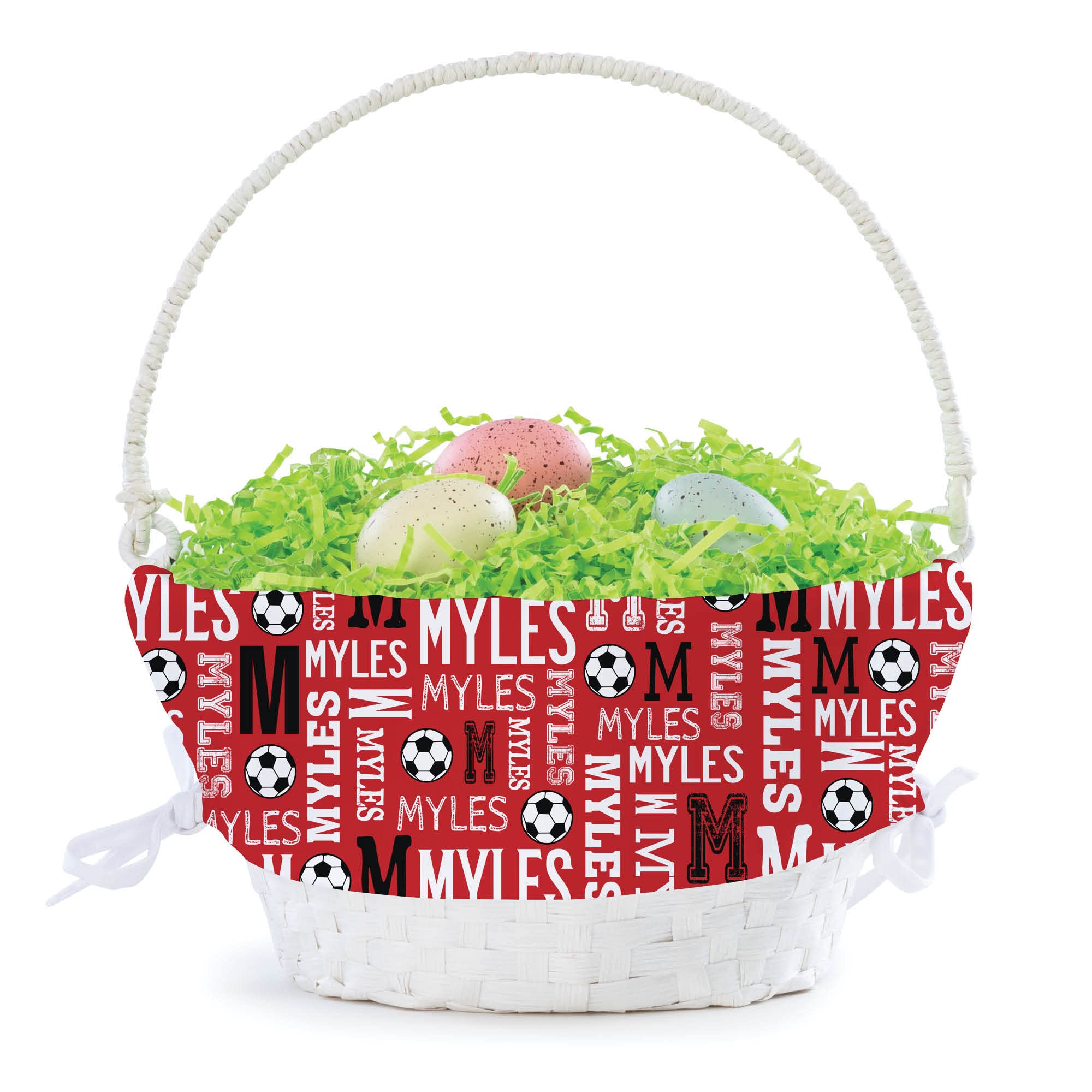 Personalized Soccer Easter Egg Basket with Handle and Custom Name | Red Easter Basket Liners | White Basket | Woven Easter Baskets for Kids | Customized Easter Basket