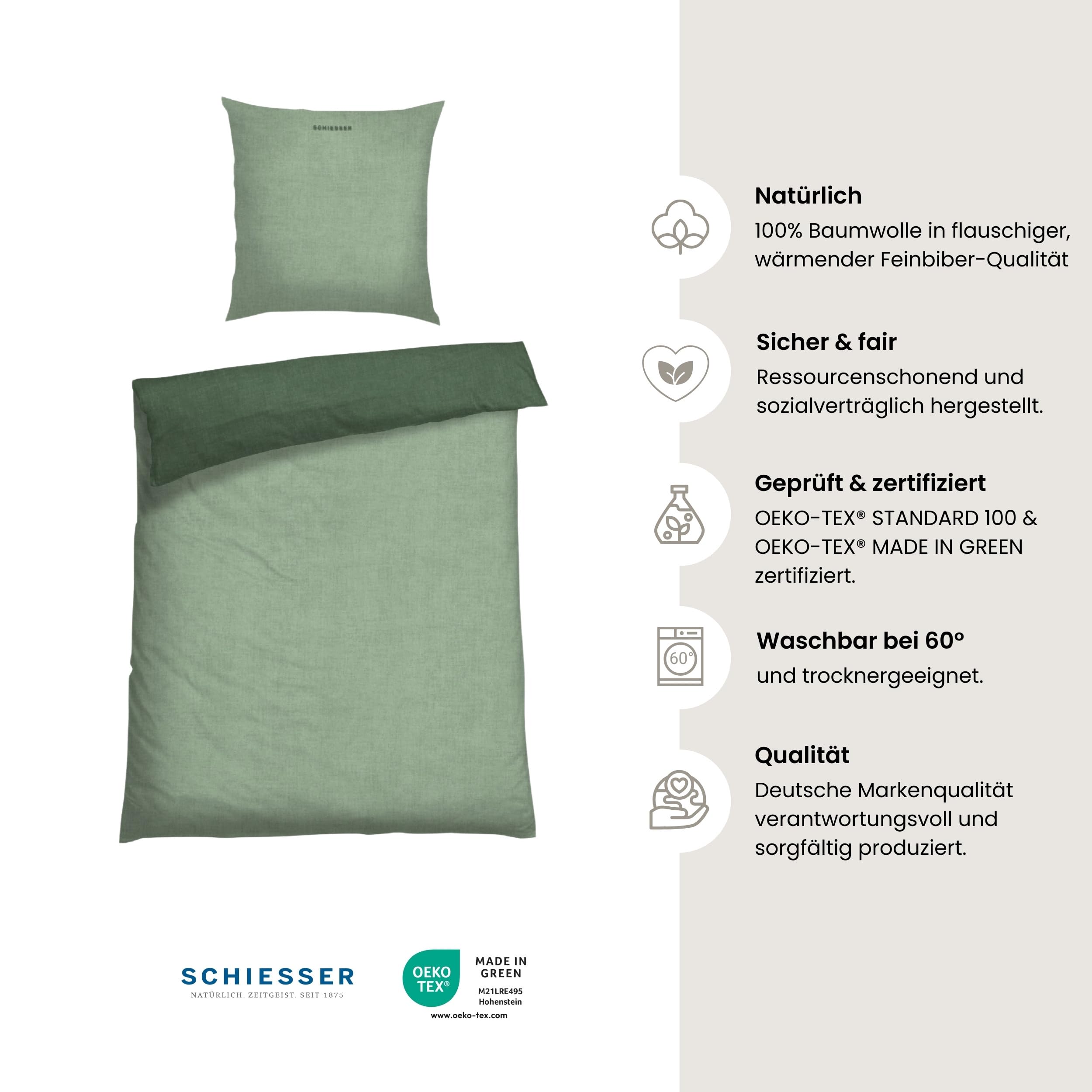 Schiesser Bettwäscheset Doubleface | Feinbiber | 100% Baumwolle aus nachhaltiger Produktion | 155x220cm + 80x80cm | Grün