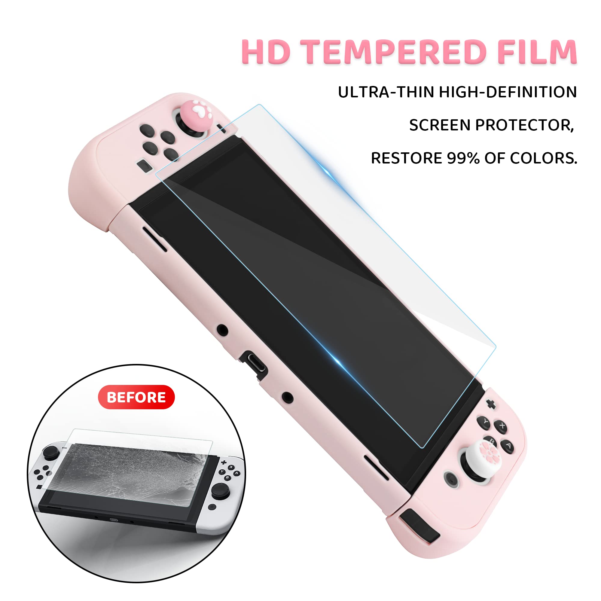 FANPL Custodia per Nintendo Switch OLED, custodia per interruttore OLED e controller Joy Con con custodia protettiva rigida e protezione schermo, 4 impugnature per pollice, tracolla (rosa)