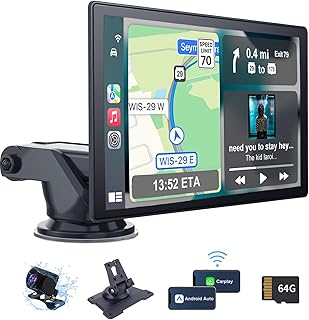 [2023 Upgrade] 9 Inch Portable Car Stereo with Backup Camera, Ellinic Wireless Apple Carplay & Android Auto, Bluetooth/Siri/FM/64G TF, Portable Apple Carplay Dash Mount or Windshield Mounted for Car