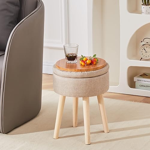 Miniatura 34 de Mxfurhawa Taburete otomano de almacenamiento redondo de lino con patas de madera, reposapiés tapizado multifuncional, para sala de estar, baño,