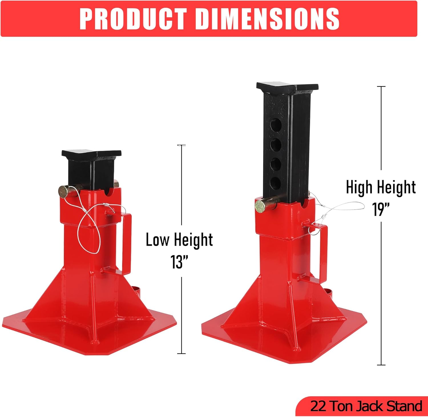 22 Ton Jack Stands, Heavy Duty Pin Type Professional Car Jack Stand with Lock for Supporting Trucks, Trailers and Equipment, Adjustable Height to 19" Fit, 44000lbs Capacity, 1 Pair, Red