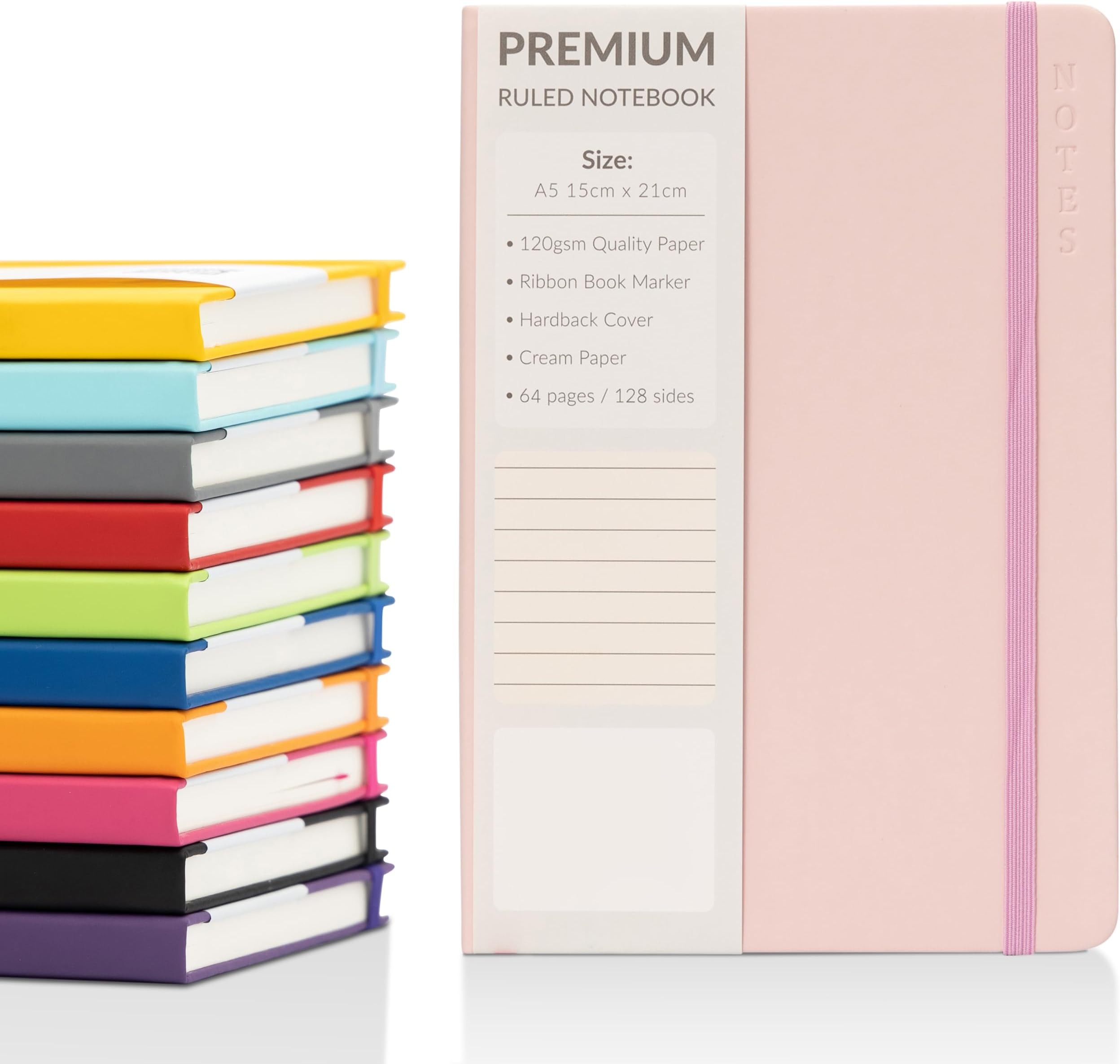 evelay A5 Notebook Ruled Lined Journal with Faux Leather Hardback Cover and Premium 120gsm Thick Paper (128 Cream Pages, Baby Pink)