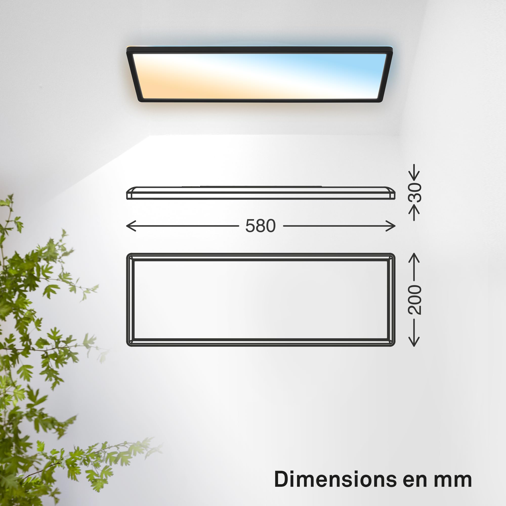 B.K.Licht - Plafonnier LED plat avec télécommande, CCT réglable de chaud à lumière du jour, intensité réglable, IP44, plafonnier salle de bain, lustre cuisine, lustre salon, 58x20x3 cm, noir