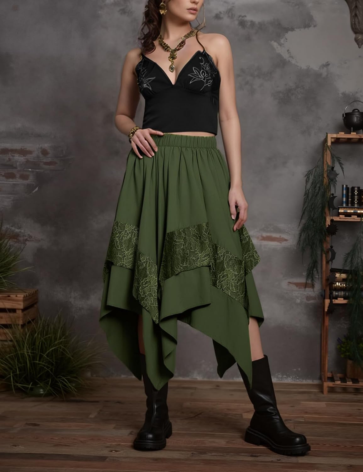 Yimoon Womens Renaissance Skirt Lace Tiered Asymmetrical Flowy Fairy Long Skirt High Waist Gothic Midi Skirts - Image 3