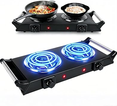Double Coil Electric Burner 2000W, Portable Countertop Stove with Adjustable Temperature Control, Cast Iron Hot Plate for Cooking, Lightweight for RV Camping, Home, and Travel, 110V
