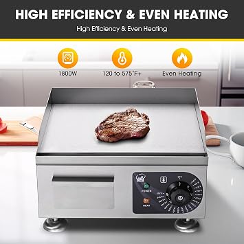 WeChef Commercial Electric Griddle 14 1800W Countertop Griddle Flat Top Restaurant Grill Non-Stick Flat Temperature Control 122 to 572 Degrees