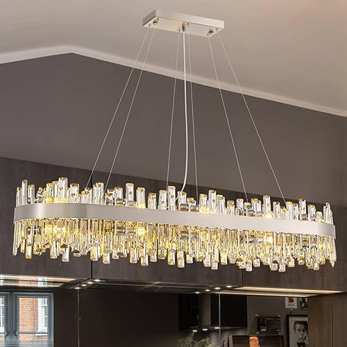 Miniatura 10 de Siljoy Candelabro moderno de cristal de 12 luces de oro cepillado de 2 niveles con forma de gota de lluvia de cristal, ajustable, montaje al ras