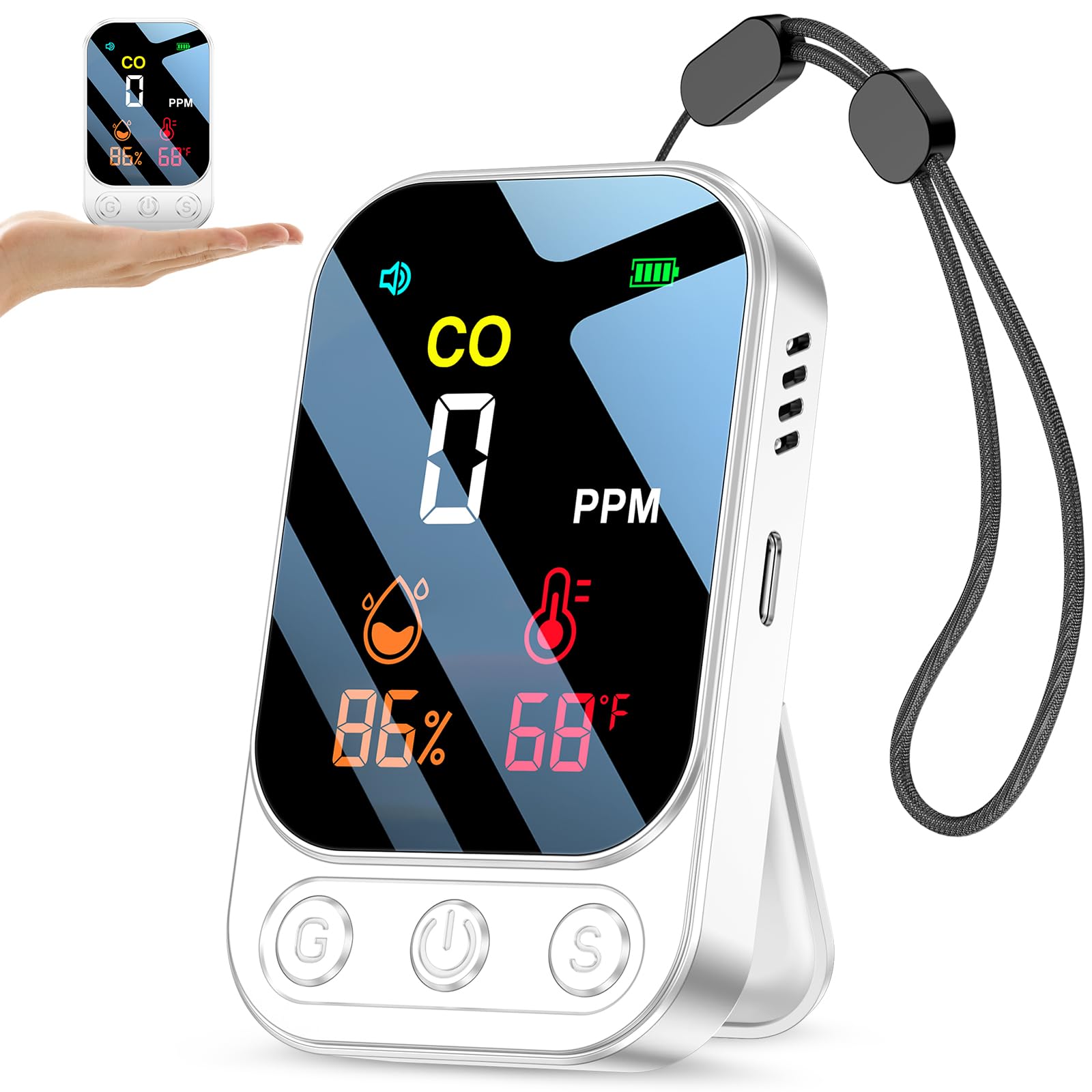 YOJOCK Portable Carbon Monoxide Detector โ Rechargeable CO Alarm with Temperature and Humidity Monitoring โ 3-in-1 CO Detector for Home, Camper, and Camping (white)