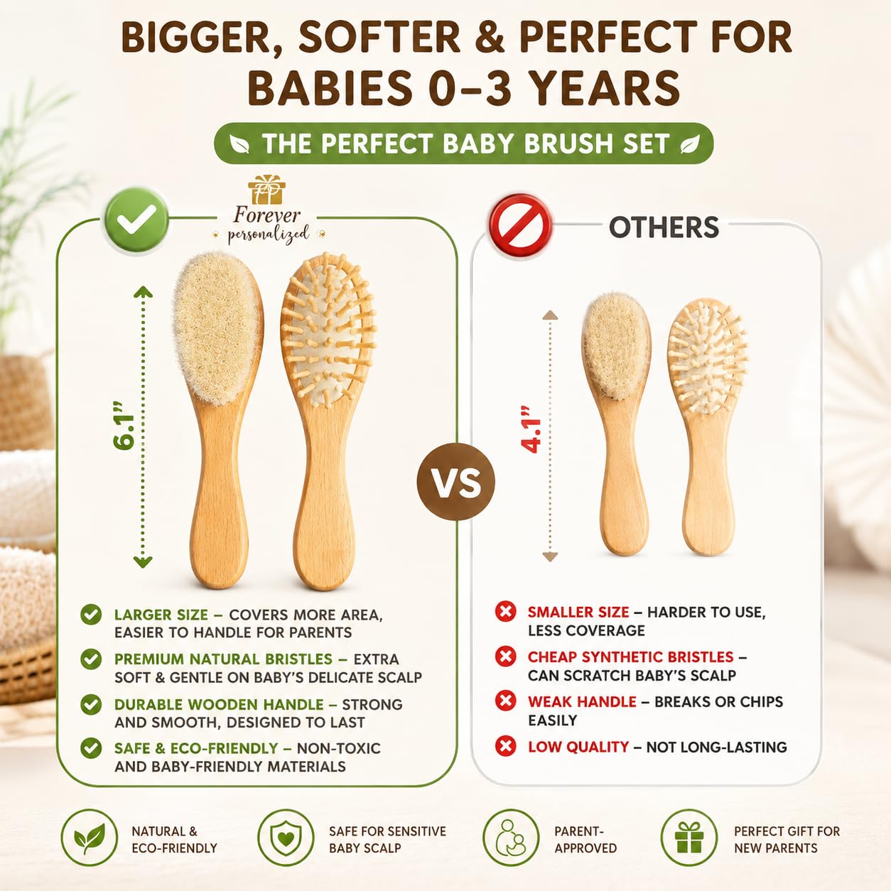 Set di spazzole per bambini | Spazzola in legno personalizzata | Accessori essenziali per neonata | 3 pezzi