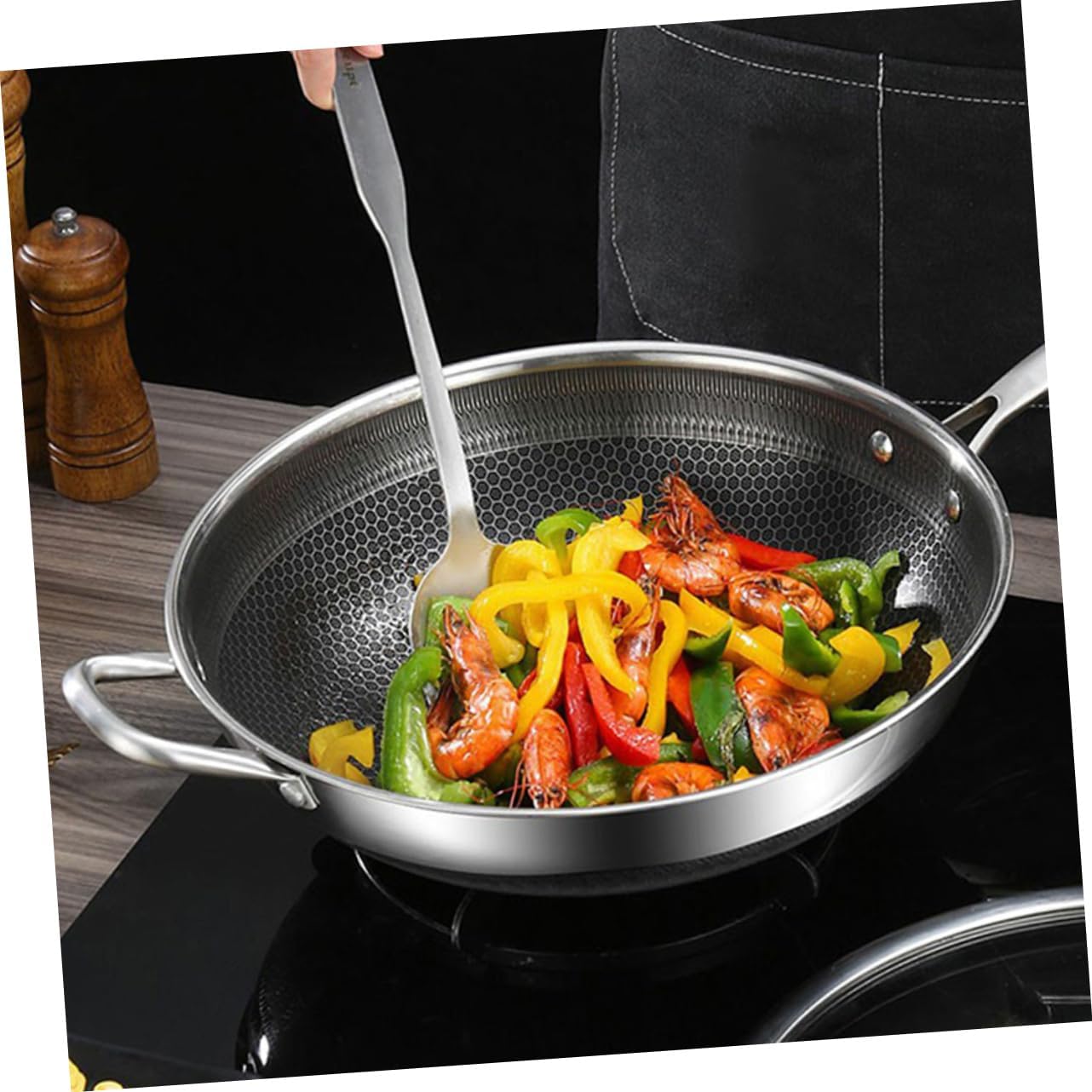 Honeycomb Grain Stainless Steel Wok Non-stick Frying Pan for Induction Cooktops Scratch-resistant Double Handle Design Easy to Clean Kitchenware
