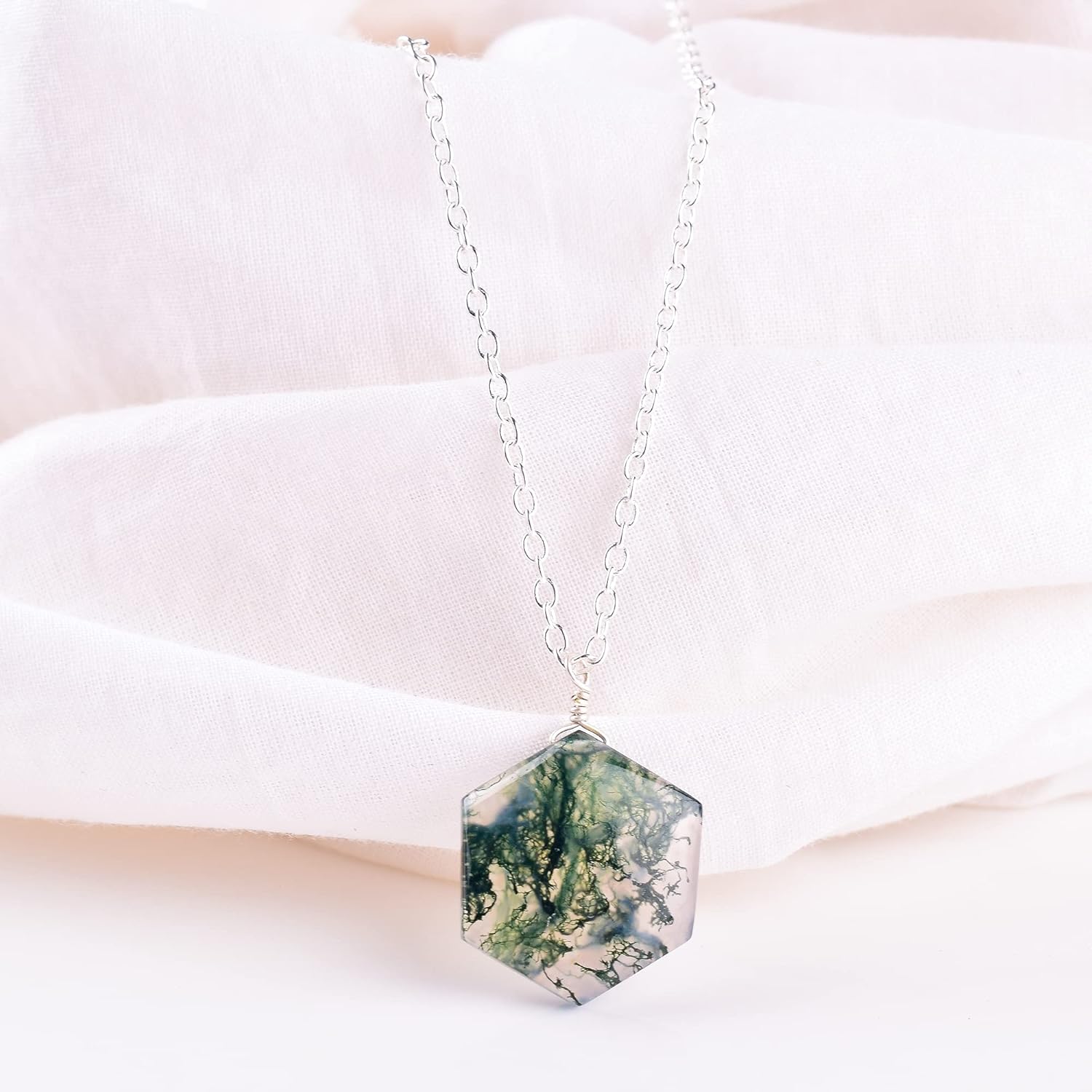 Natural Moss Agate Crystals Pendant Necklace, Hexagon Cabochon Gemstone, Energy Healing Crystals, Birthday, Gift for Her, Gemstone Jewelry 18 inch AAA+ Quality (Moss Agate A) - Image 3