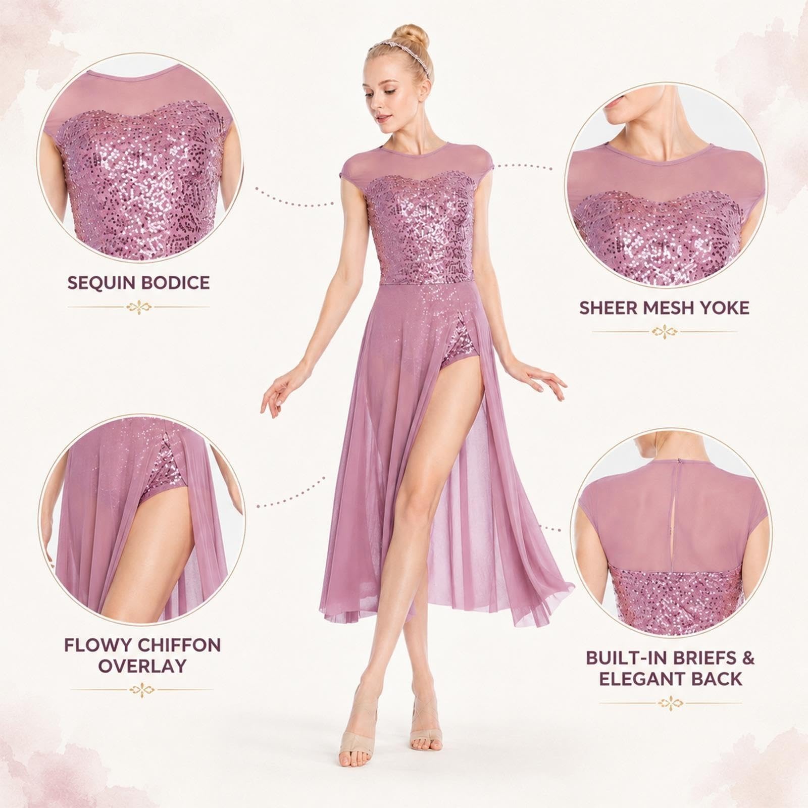 Abito da danza lirica donna con paillettes e gonna lunga in tulle