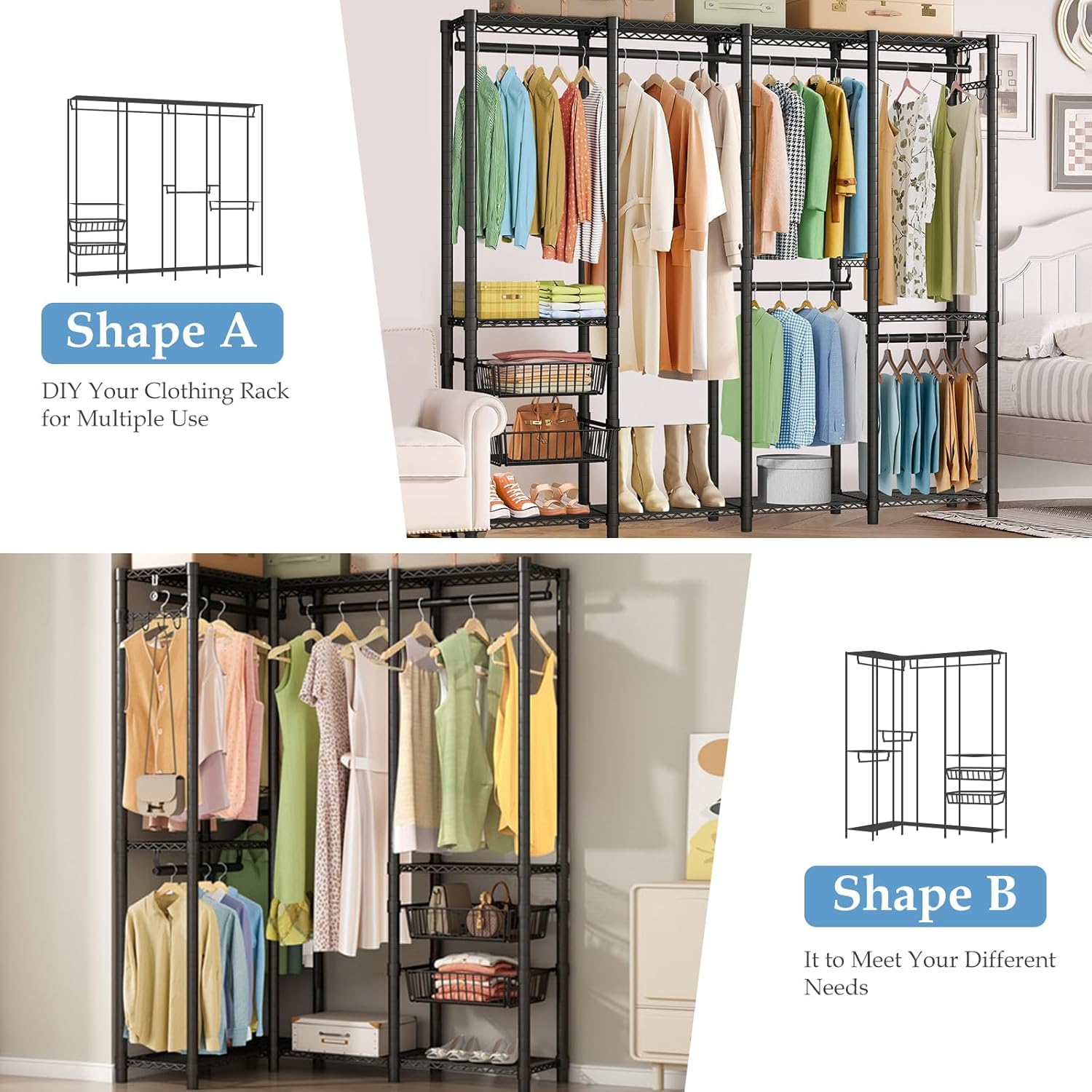 Appendiabiti con ripiani per scarpe e cestini, appendiabiti, scaffale regolabile fai da te, montaggio semplice, grande capacità di 192 x 40 x 191 cm per camera da letto