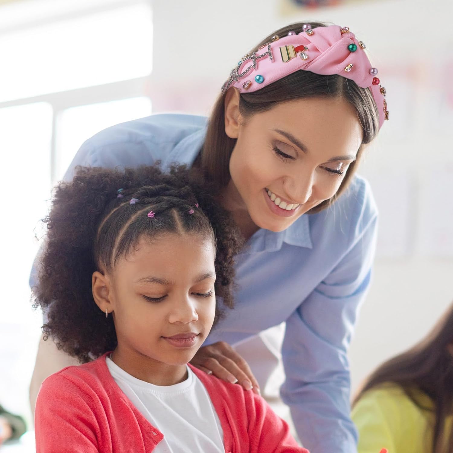 MOSOTECH Teacher Headbands for Women - Back to School Teachers Outfits, Teacher Appreciation Gift Embellished Pencil Book Apple Knotted Headband, First Day of School Hair Accessories (Pink) - Image 6