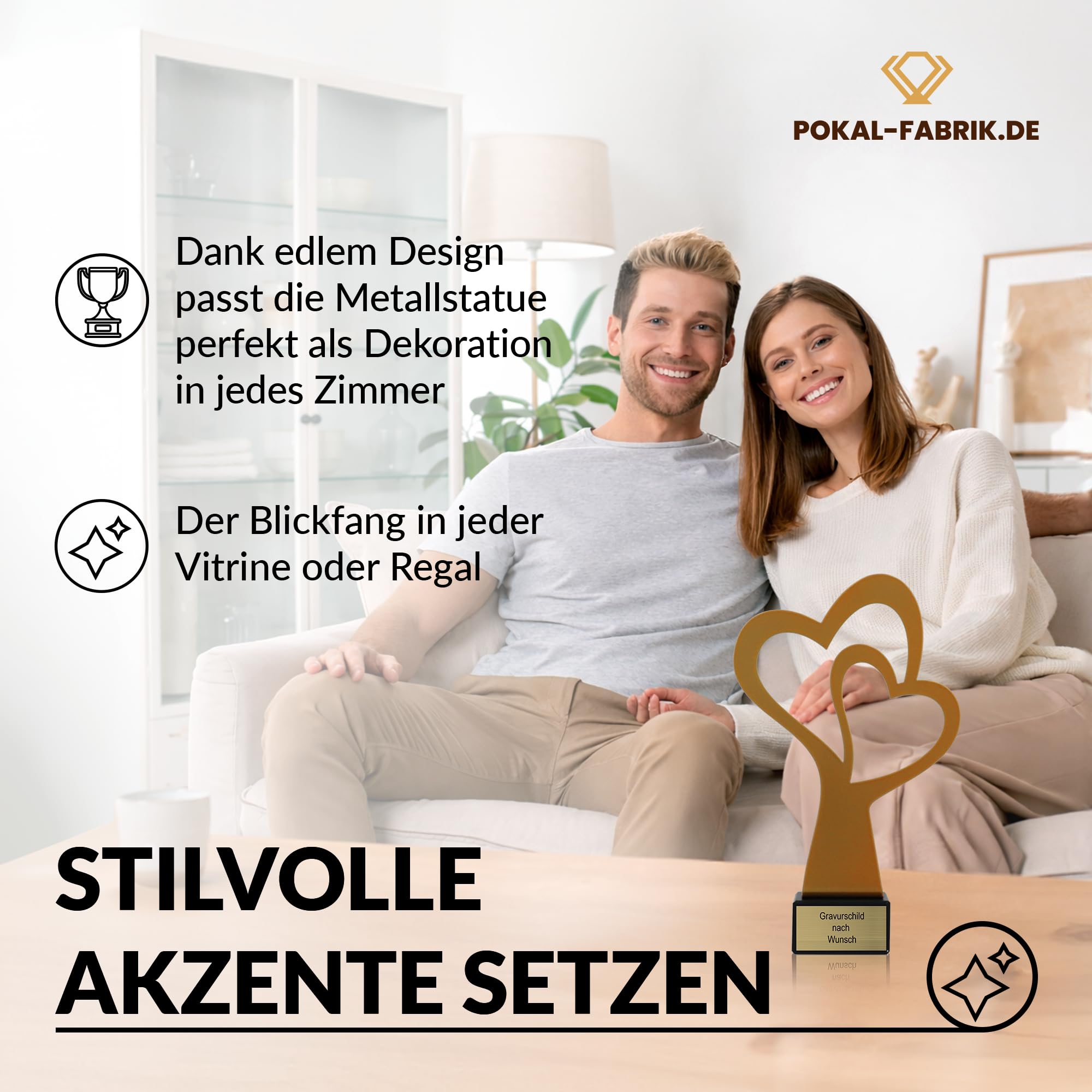 Pokal-Fabrik - Goldener Herz Pokal 21 cm aus Metall mit Gravur - Geschenk-Trophäe mit Herz-Silhouette & Steinsockel - Personalisiertes Geschenk - Muttertagsgeschenk | Hochzeitsgeschenk