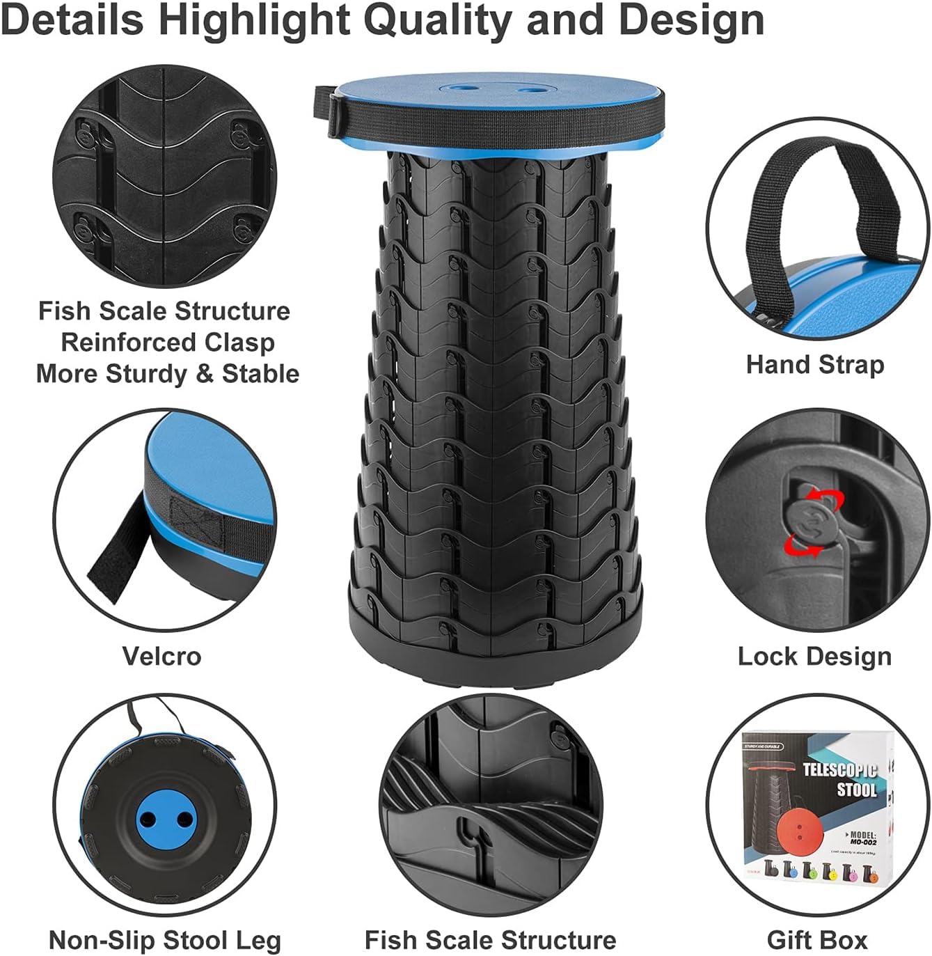 Sedia pieghevole retrattile, sgabello telescopico portatile, leggero sgabello da campeggio pieghevole con capacità di carico 181,4 kg, sgabello retrattile per adulti, per campeggio, pesca,