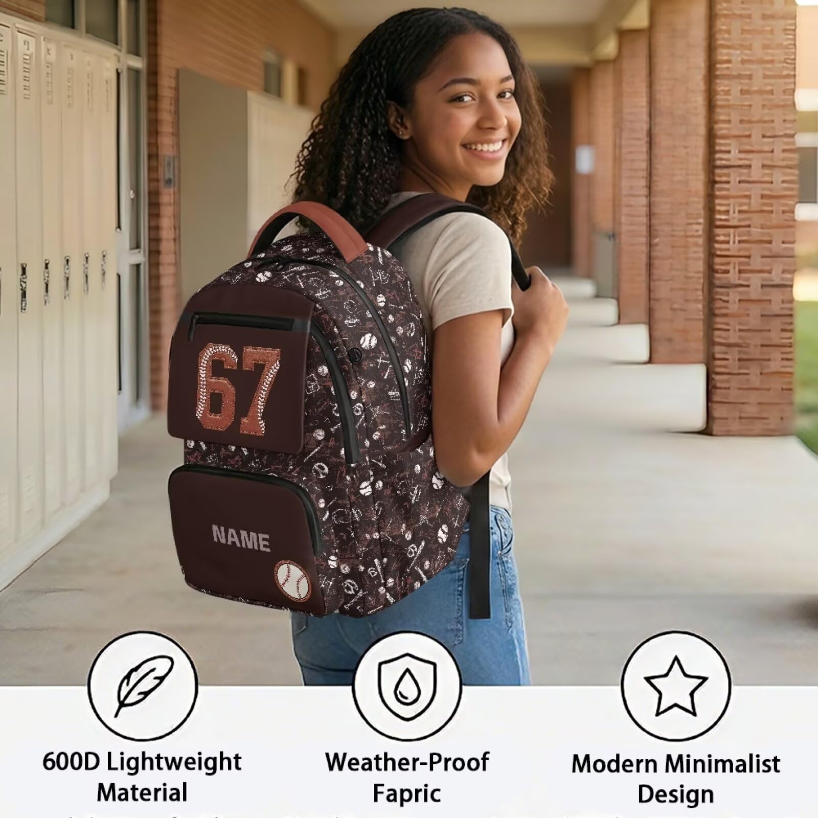 HUGS IDEA Mochila escolar para niños de 17.7 pulgadas con nombre personalizado para niños de 6 a 15 años, Béisbol 67