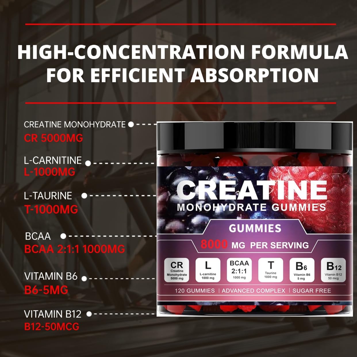 Gomitas de Creatina Monohidrato, 8000mg por Porción, Sin Azúcar, 120 Unidades, con BCAA, L-Carnitina, Taurina, B6, B12, Sabor Frambuesa y Arándanos